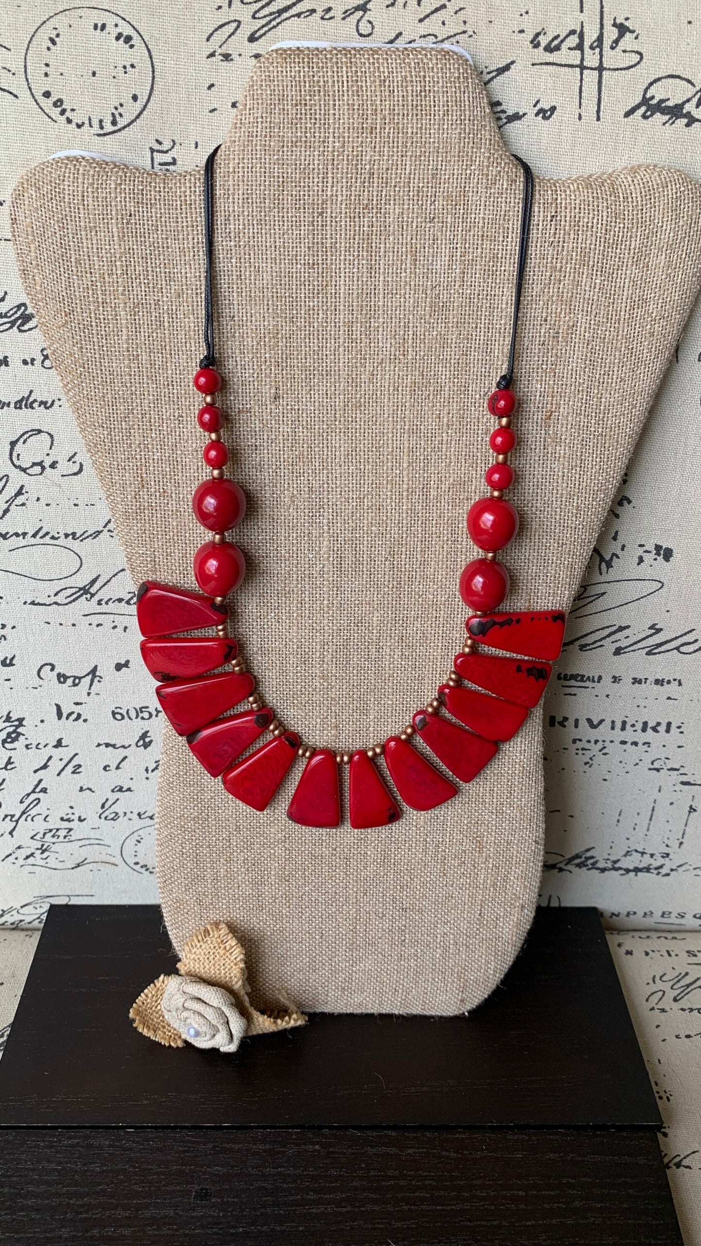 Red statement necklace Tagua jewelry Holidays fashion Adjustable lightweight beaded necklace Anniversary present Christmas gifts for mom