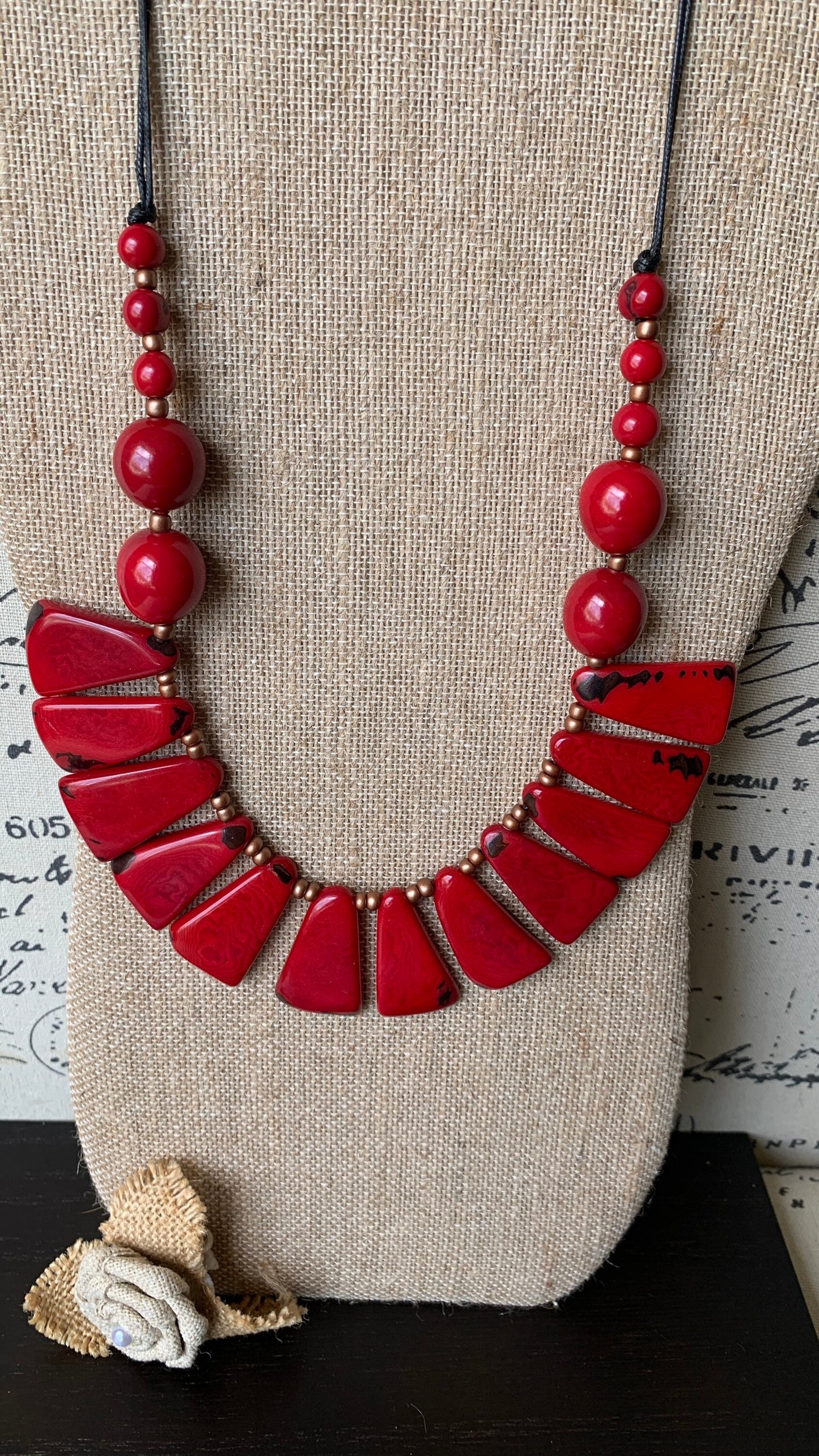Red statement necklace Tagua jewelry Holidays fashion Adjustable lightweight beaded necklace Anniversary present Christmas gifts for mom