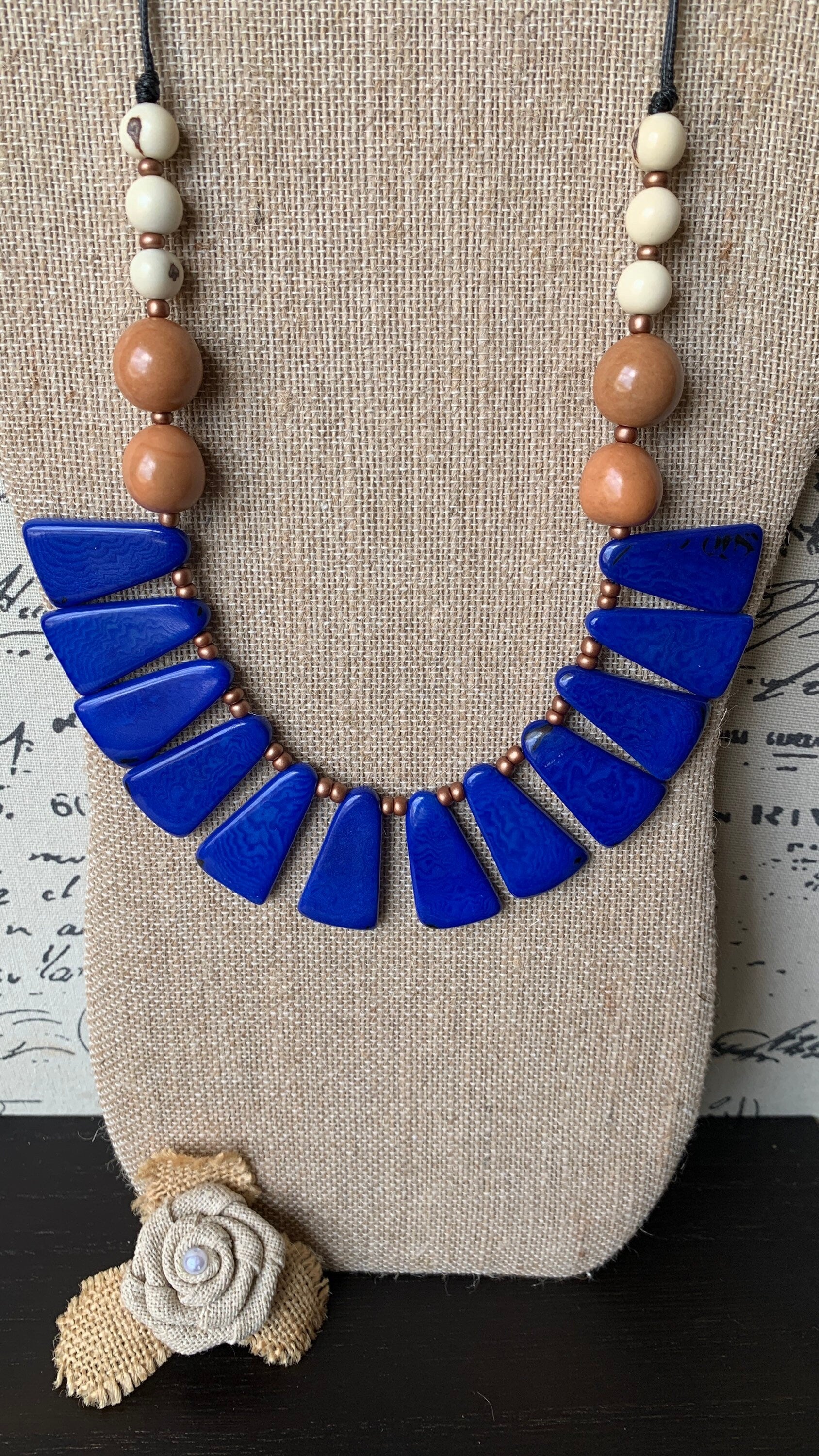 Blue statement Christmas gift Tagua necklace Spring fashion Adjustable lightweight beaded necklace Anniversary present Easter style trends