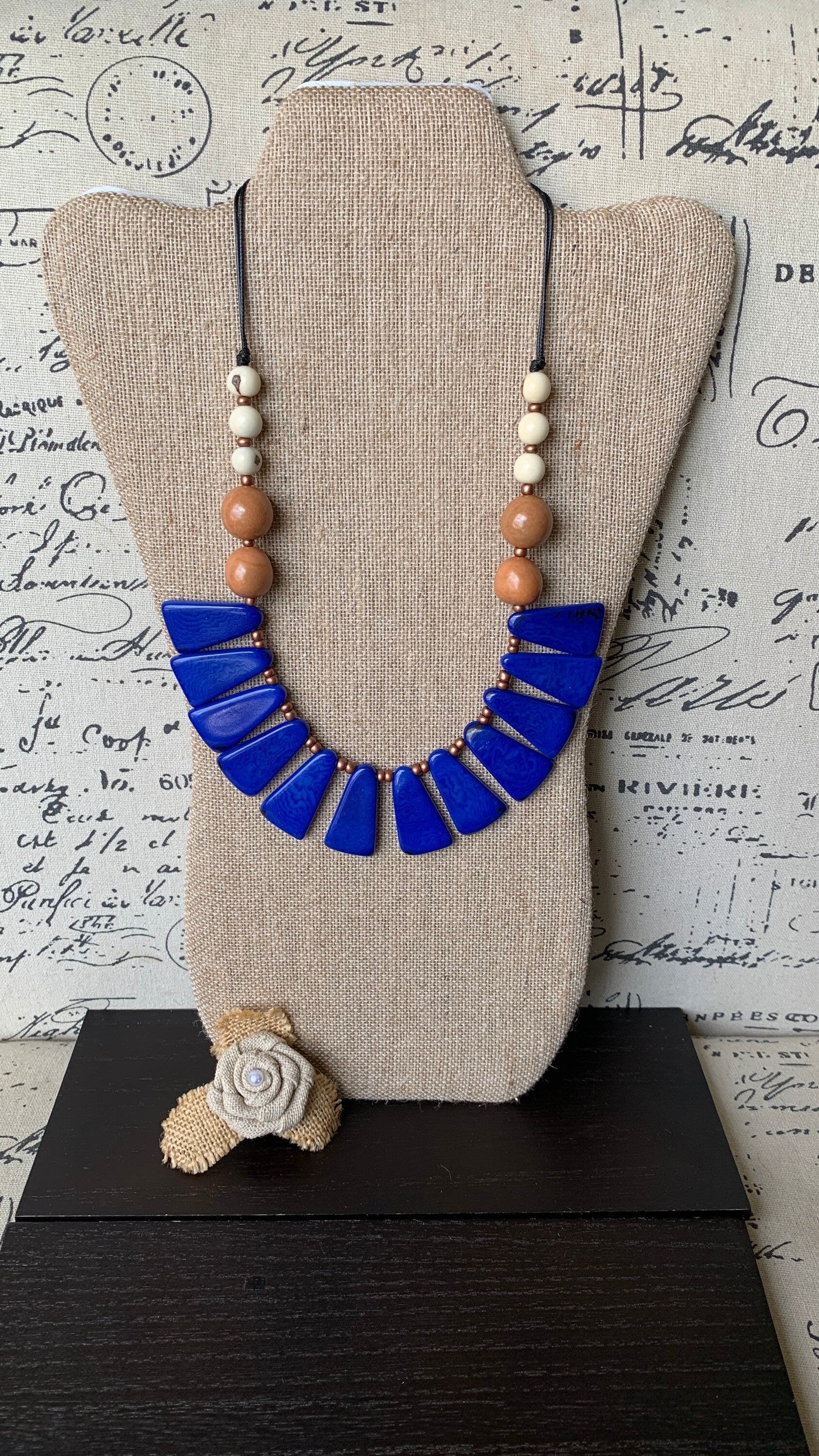 Blue statement Christmas gift Tagua necklace Spring fashion Adjustable lightweight beaded necklace Anniversary present Easter style trends