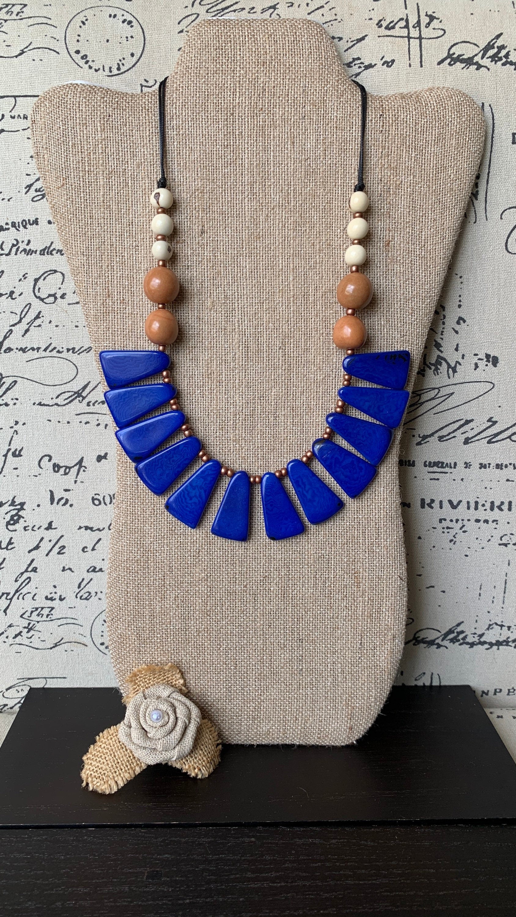 Blue statement Christmas gift Tagua necklace Spring fashion Adjustable lightweight beaded necklace Anniversary present Easter style trends