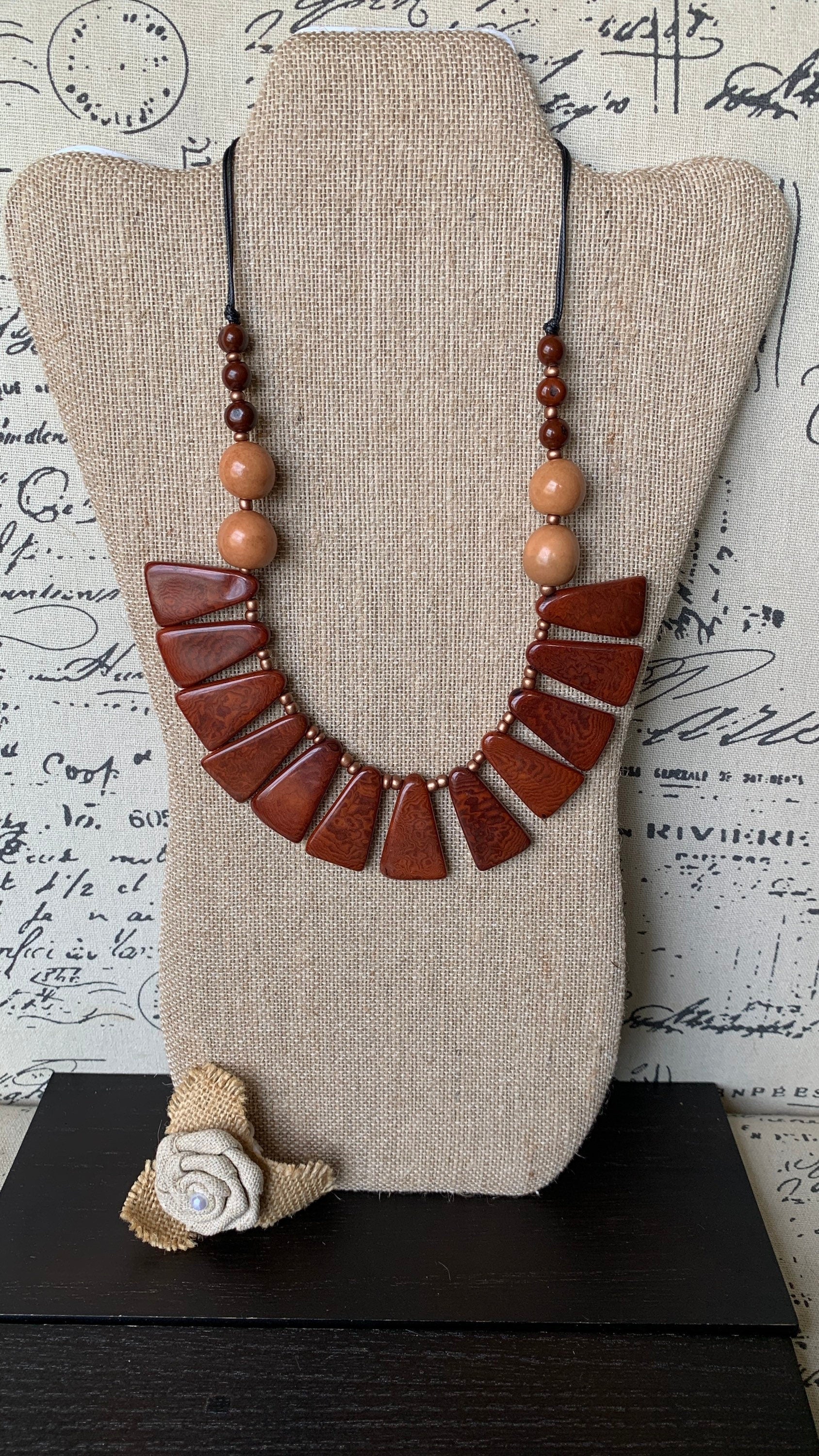 Brown statement Tagua necklace Mother's day gifts for wife Adjustable lightweight beaded organic necklace Anniversary present Summer fashion