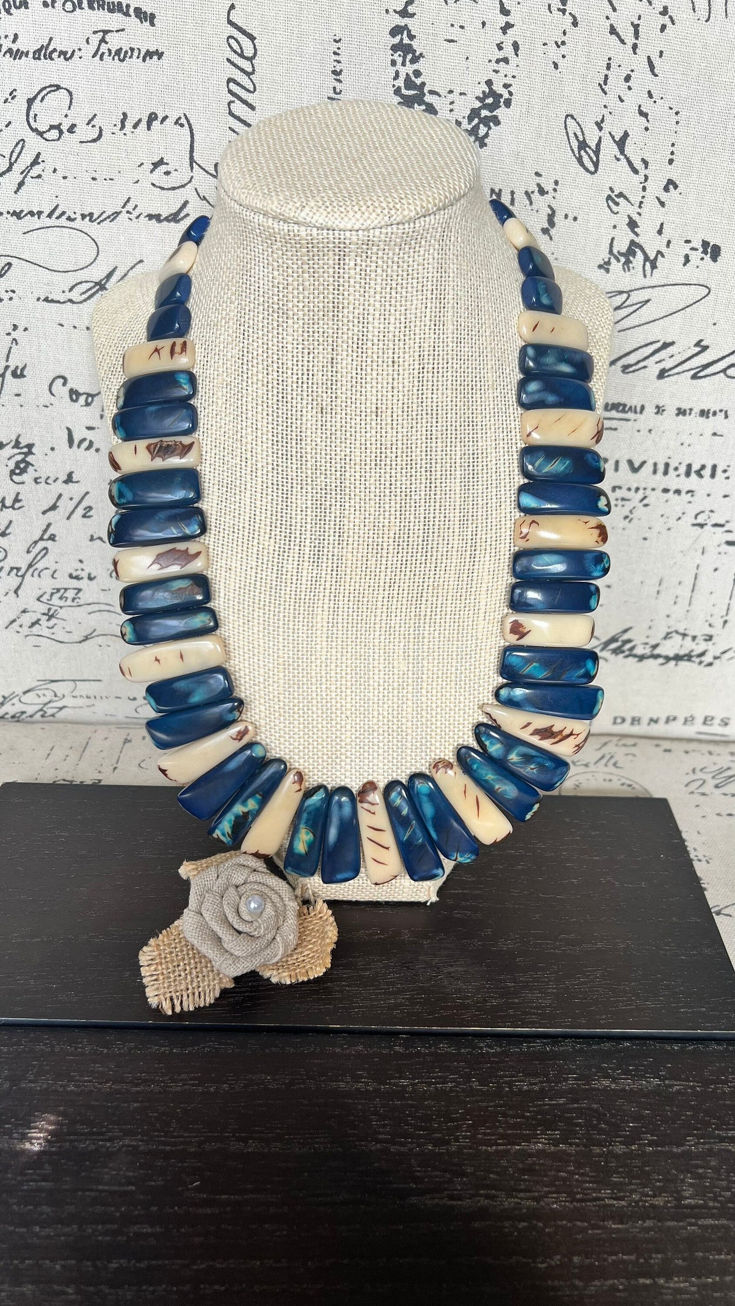 Blue and ivory statement spiked Tagua necklace Spring fashion Beach style Adjustable lightweight beaded necklace Tribal ethnic Mother’s Day