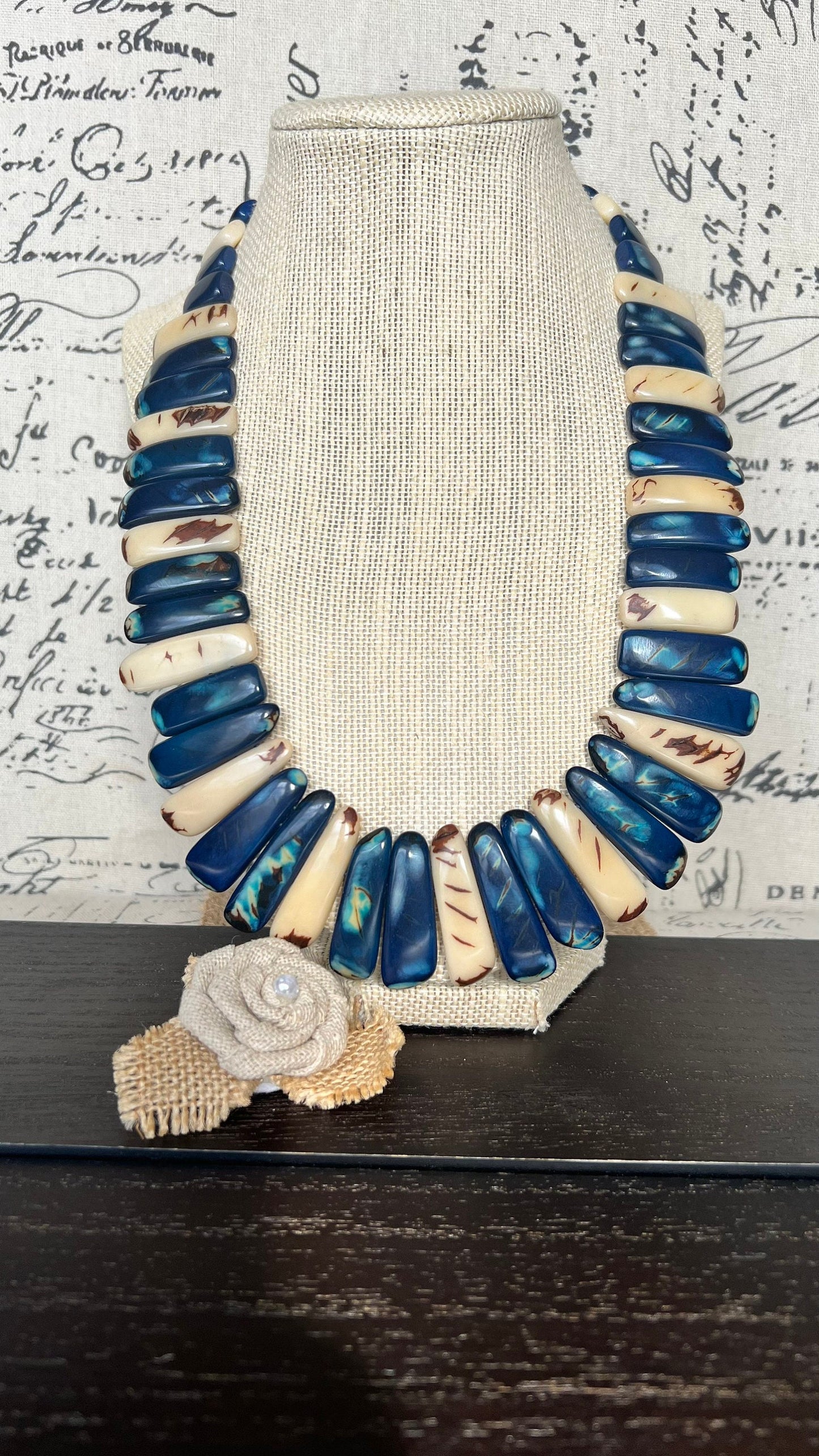 Blue and ivory statement spiked Tagua necklace Spring fashion Beach style Adjustable lightweight beaded necklace Tribal ethnic Mother’s Day
