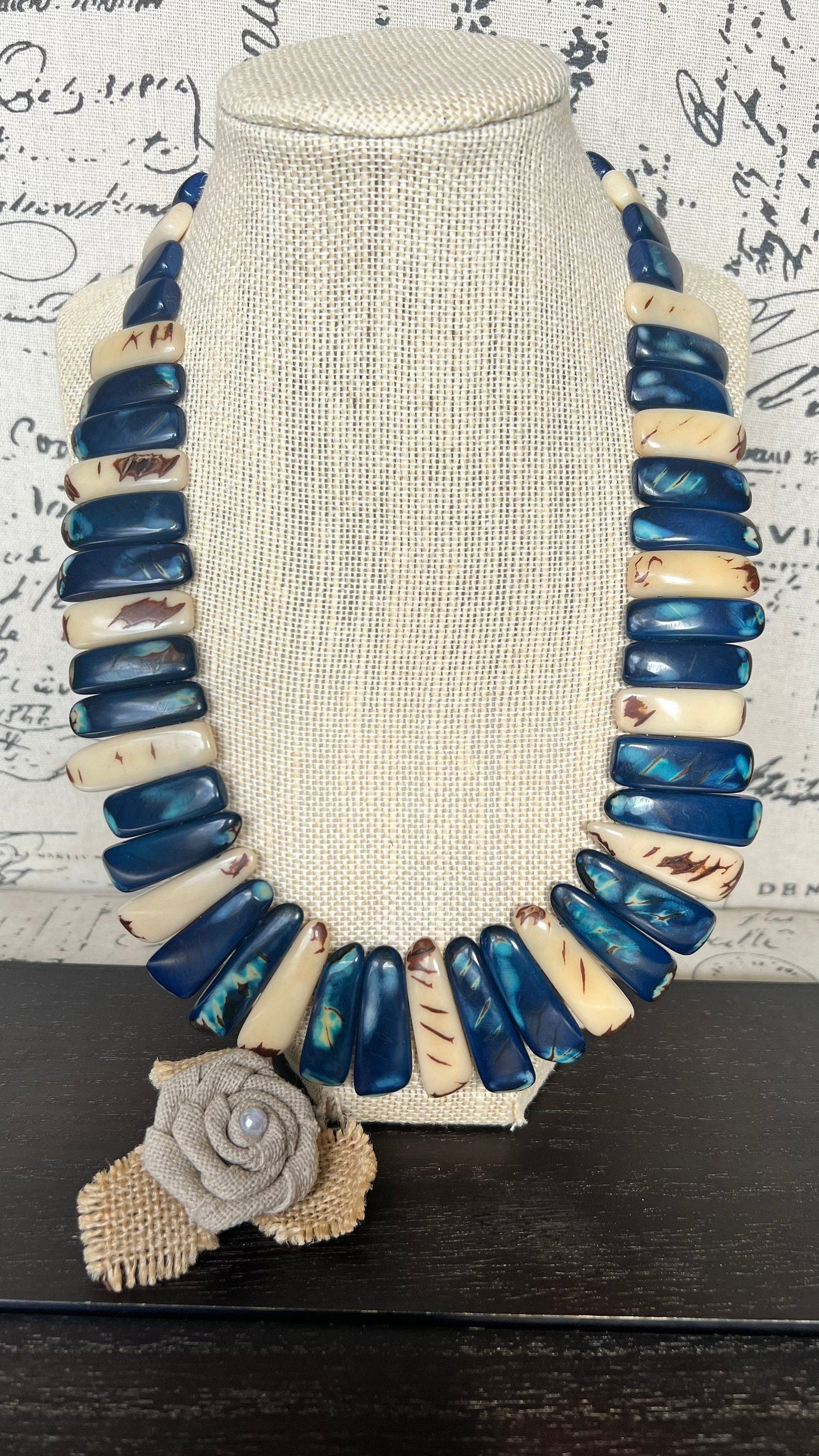 Blue and ivory statement spiked Tagua necklace Spring fashion Beach style Adjustable lightweight beaded necklace Tribal ethnic Mother’s Day