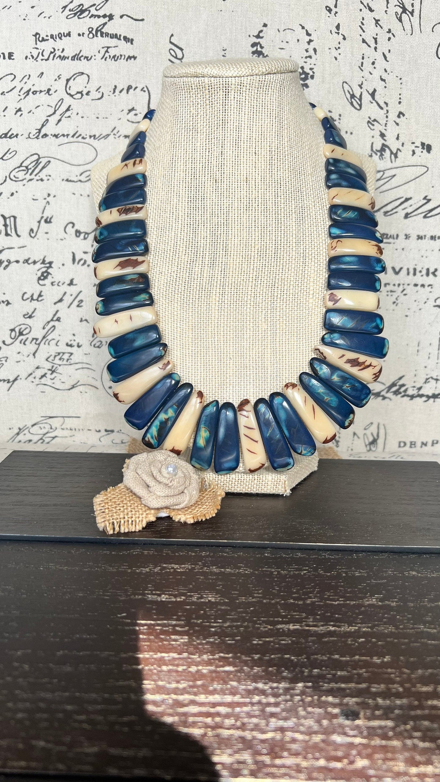 Blue and ivory statement spiked Tagua necklace Spring fashion Beach style Adjustable lightweight beaded necklace Tribal ethnic Mother’s Day