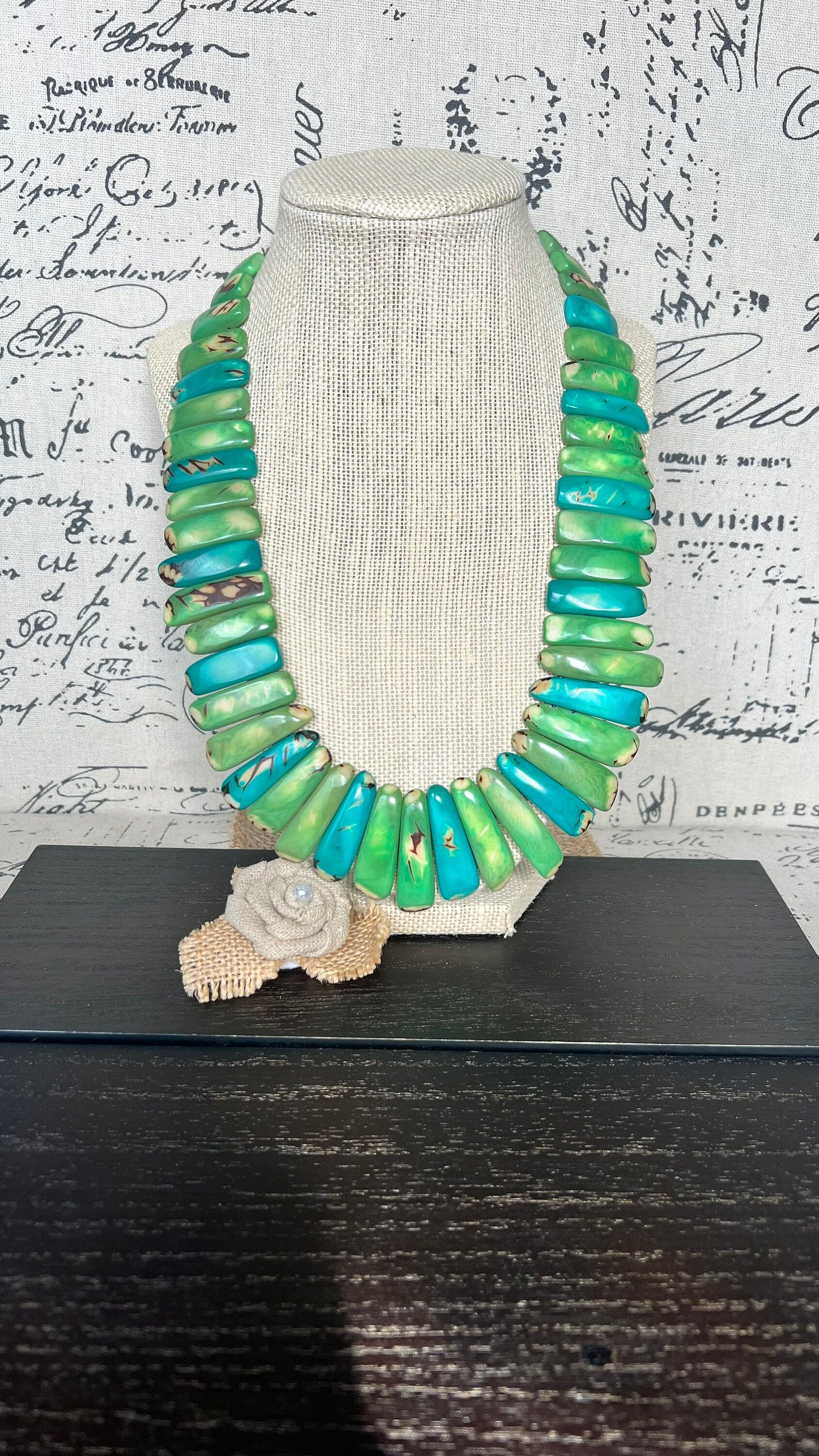Green and turquoise statement spiked Tagua necklace Easter fashion Spring trends Adjustable lightweight beaded necklace Mother's day gifts