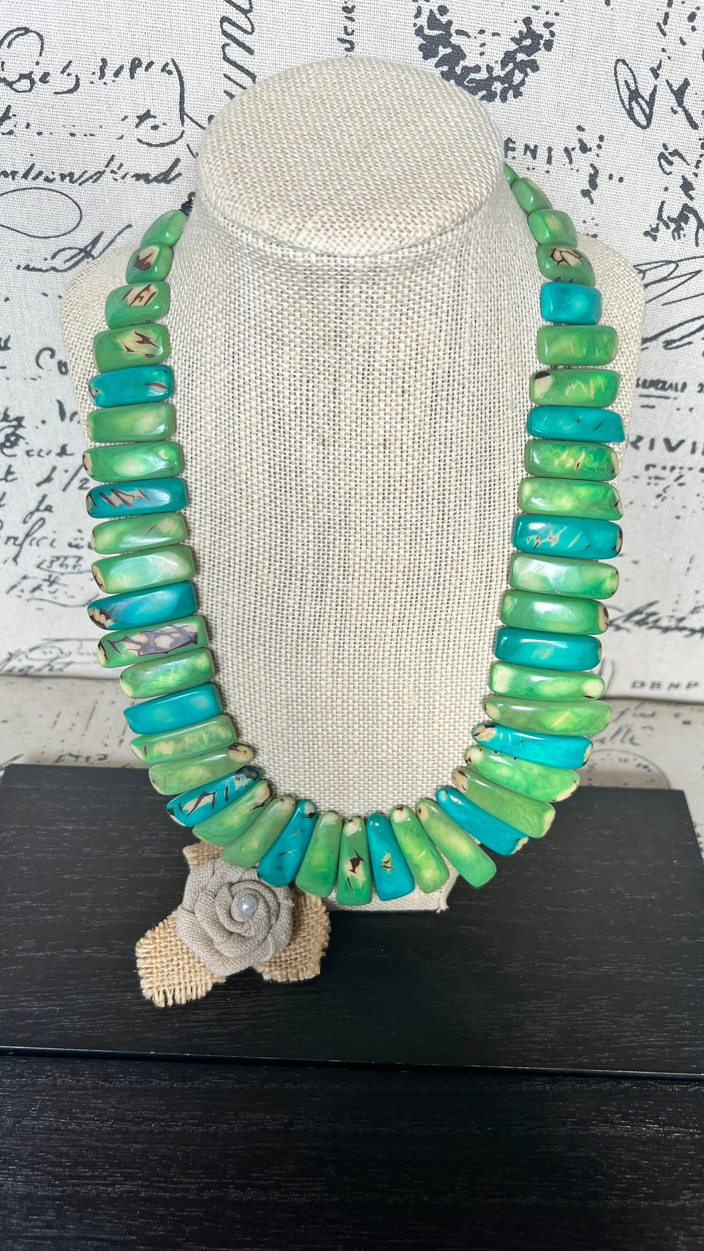 Green and turquoise statement spiked Tagua necklace Easter fashion Spring trends Adjustable lightweight beaded necklace Mother's day gifts