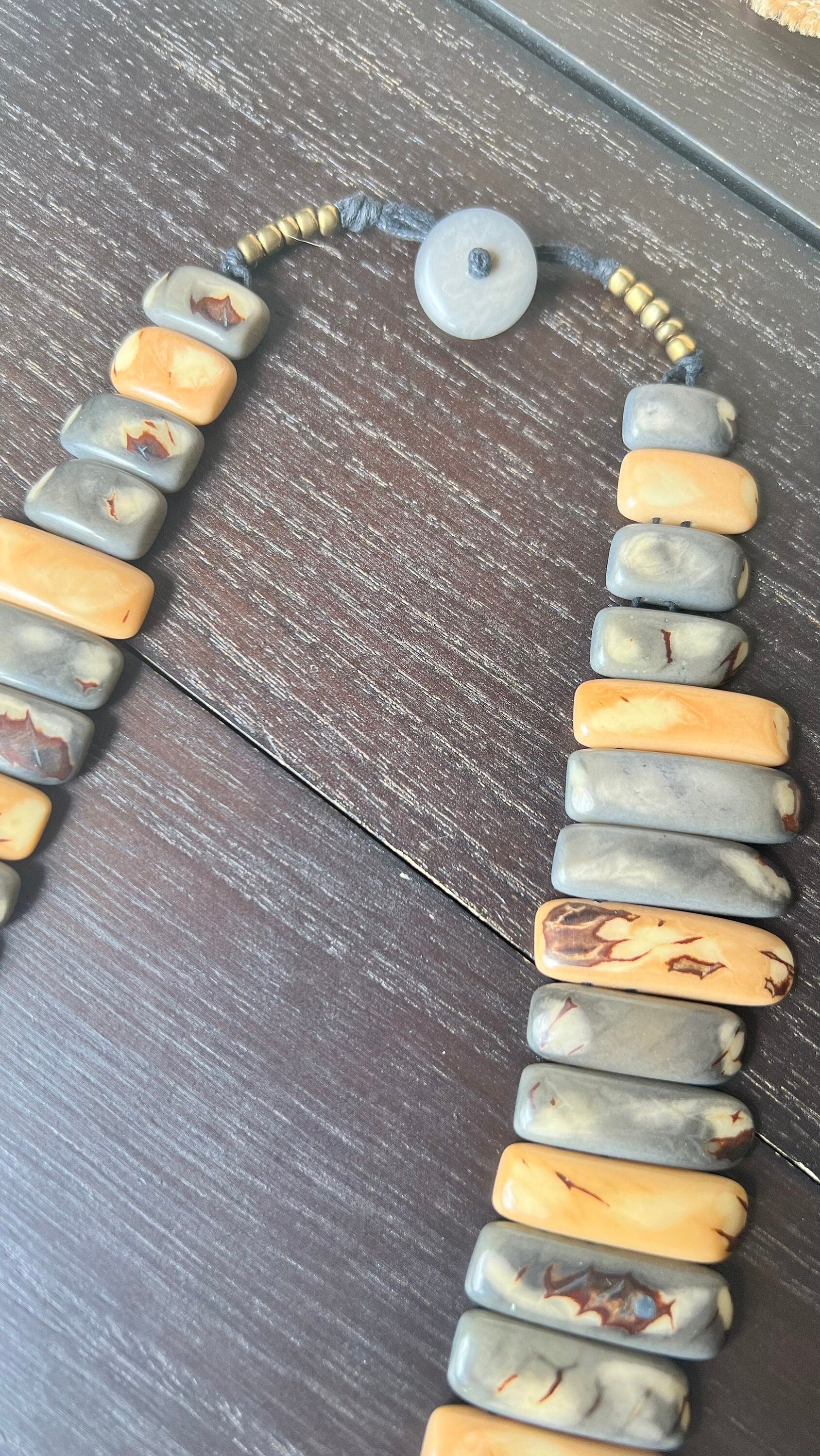 Gray and peach statement spiked Tagua necklace Spring fashion Adjustable lightweight beaded necklace Tribal ethnic Mother’s day gifts
