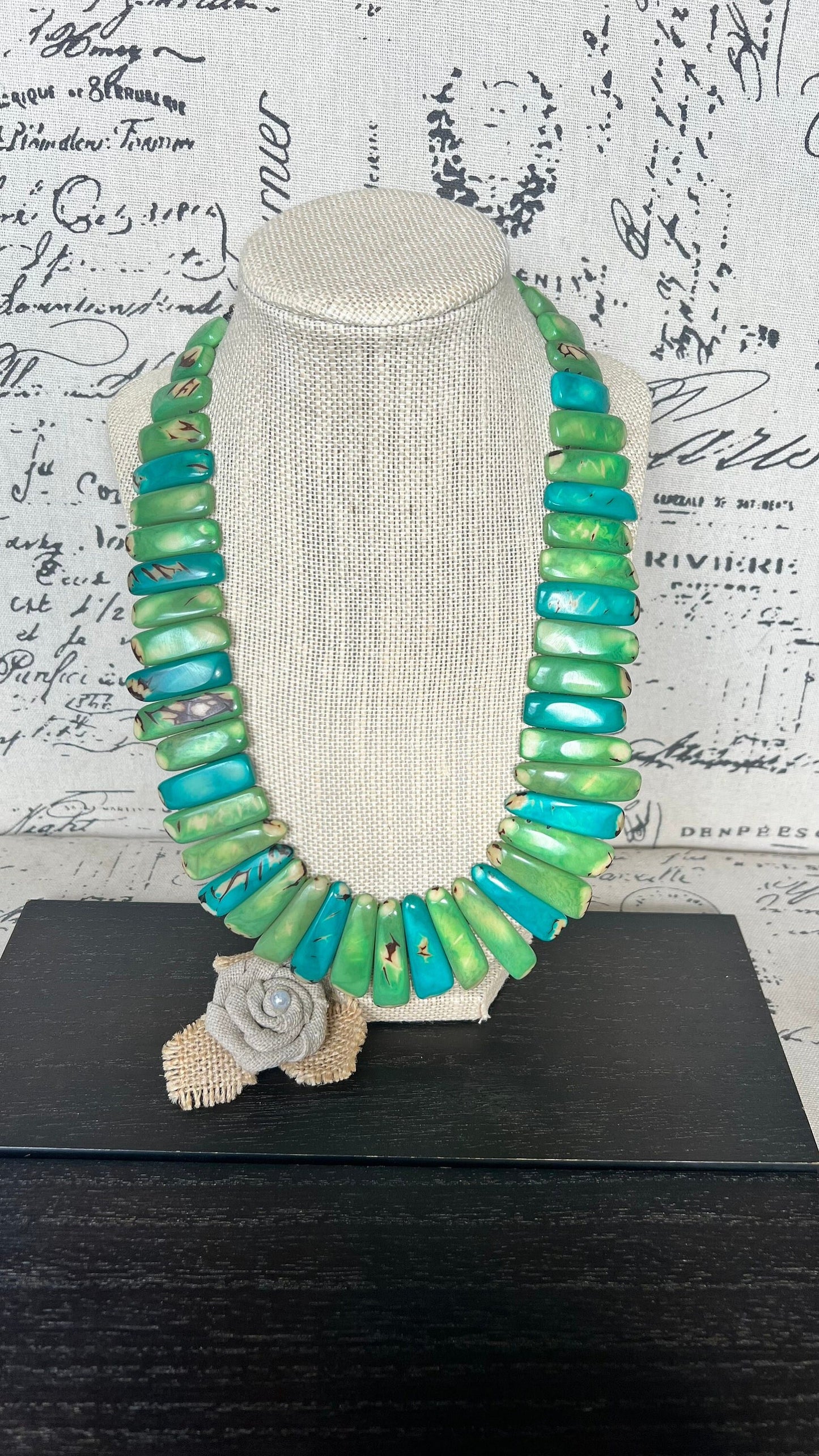 Green and turquoise statement spiked Tagua necklace Easter fashion Spring trends Adjustable lightweight beaded necklace Mother's day gifts