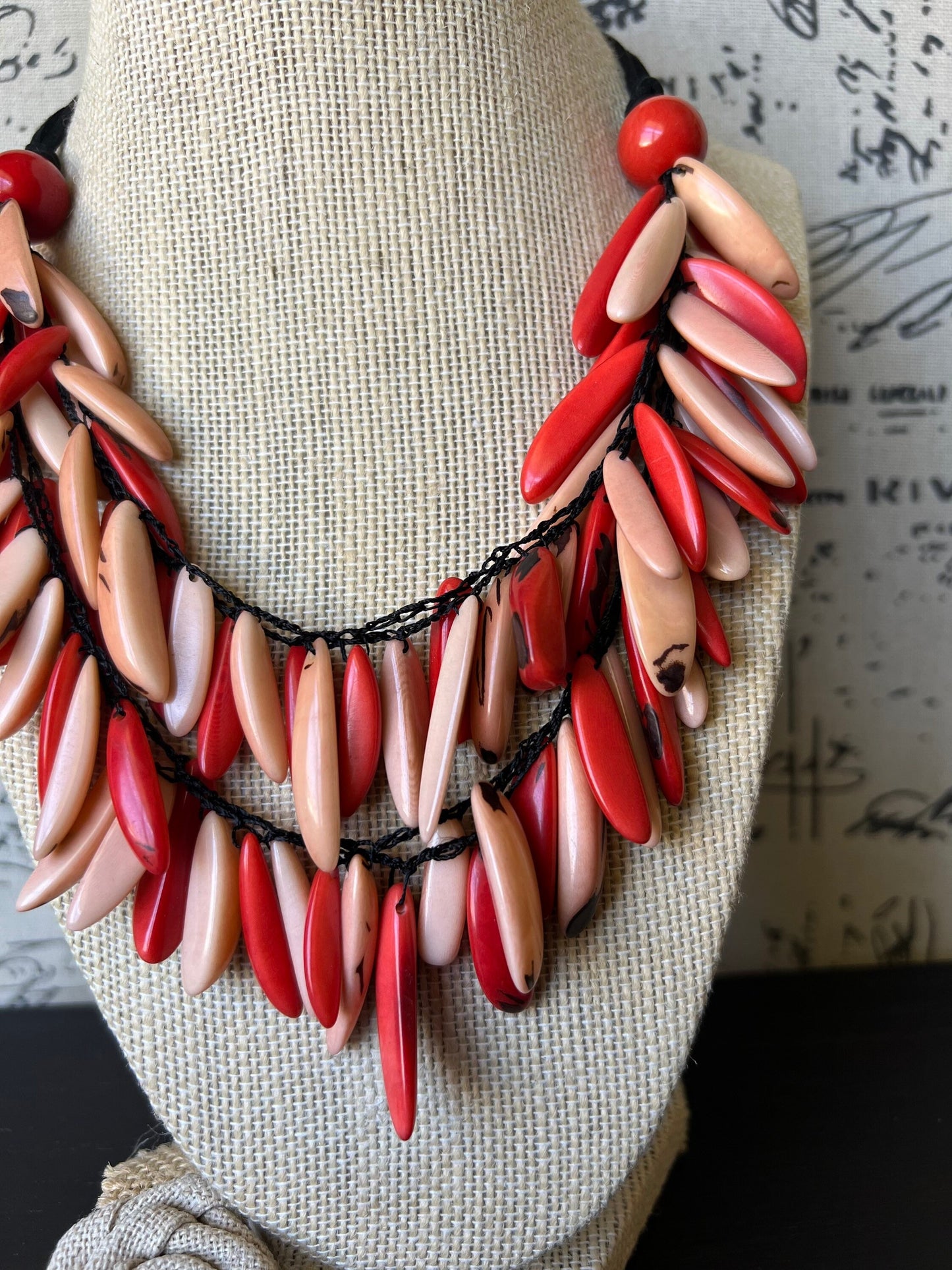 Coral red and peach fashion layered necklace Tagua necklace Big bold dramatic necklace Multi strand bib adjustable collar Mother's day gifts