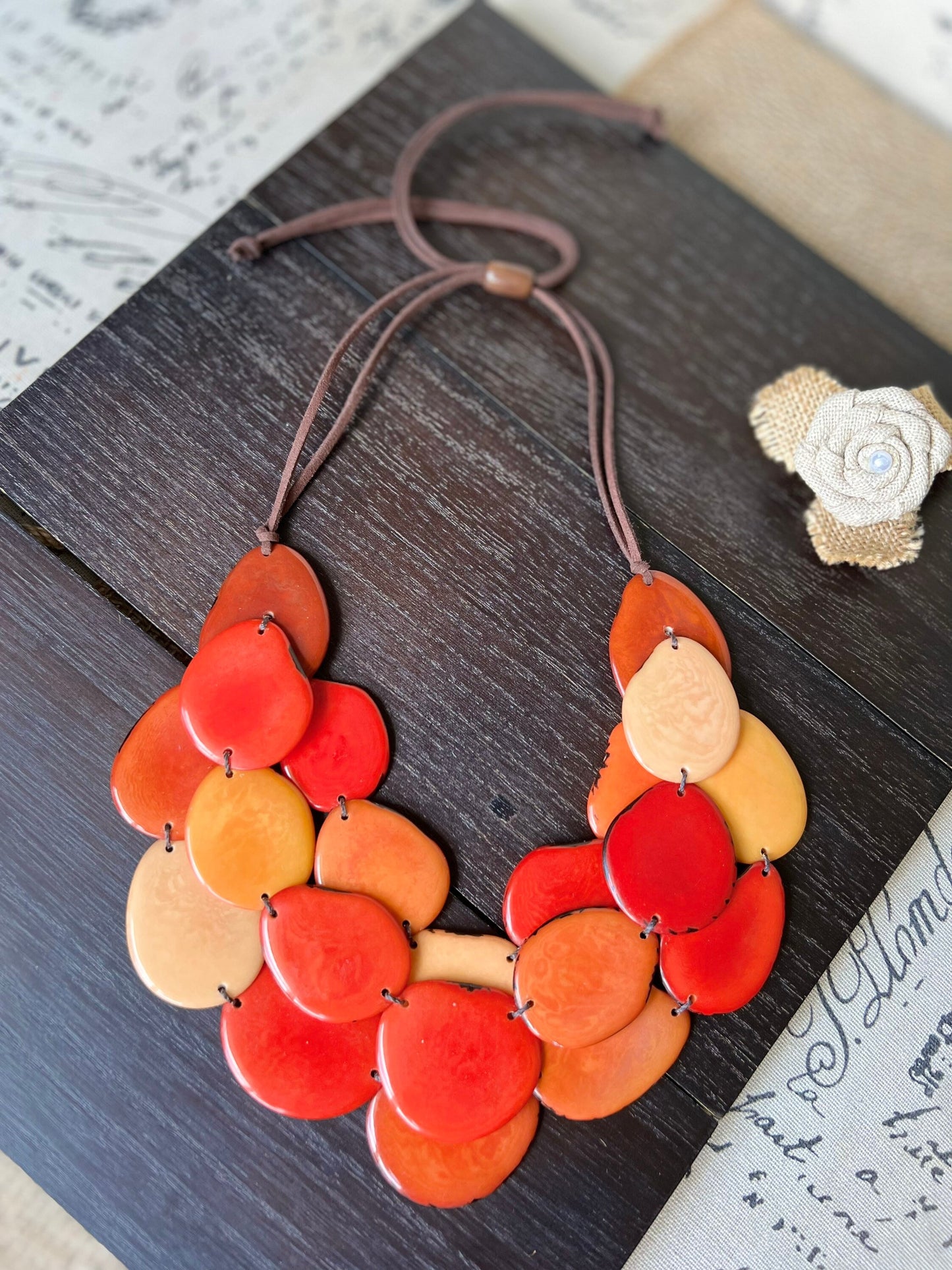 Burnt orange huge beaded necklace Tagua nut jewelry Big bold chunky necklace Triple 3 strands bib collar Adjustable leather straps Organic
