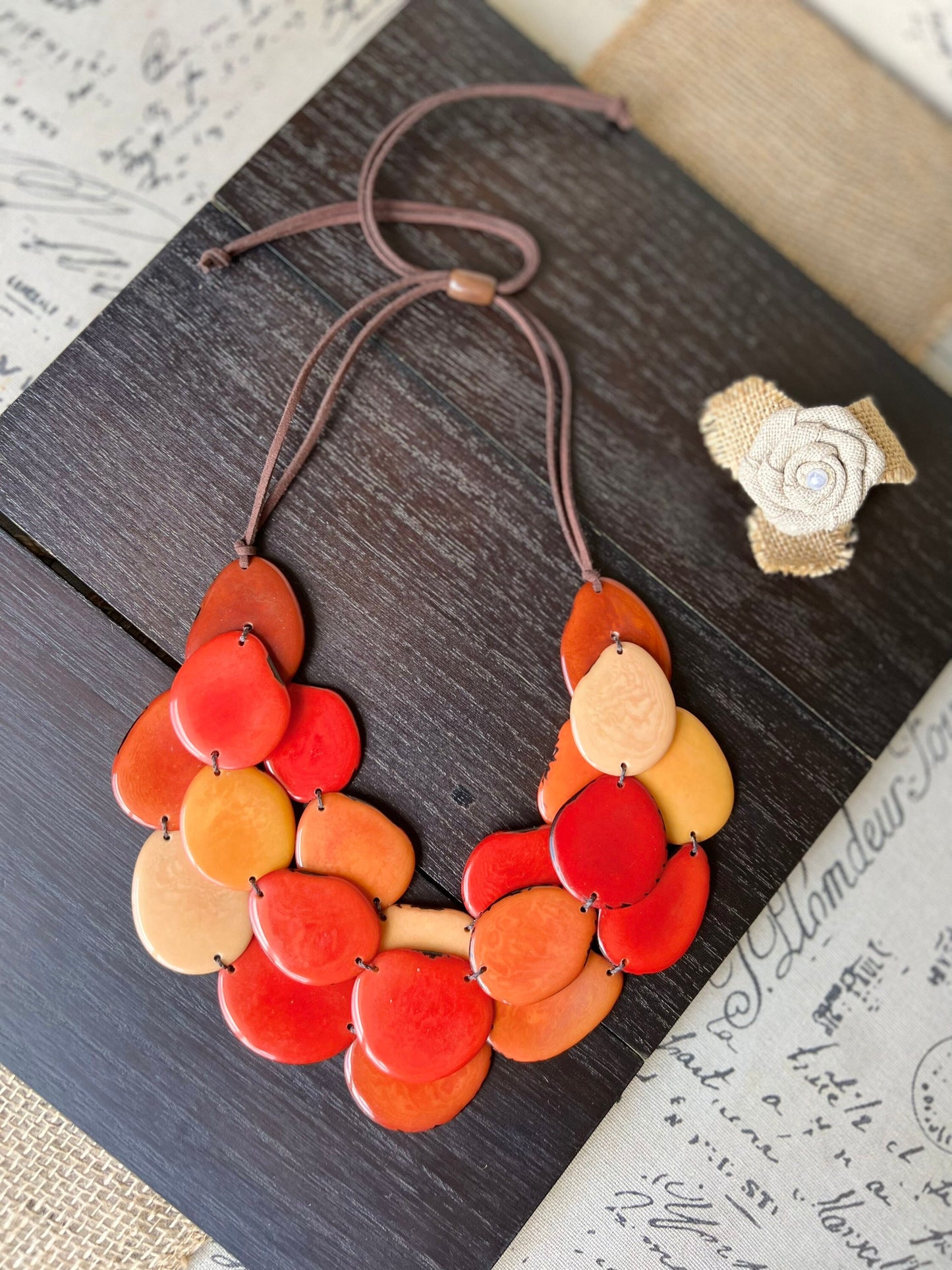 Burnt orange huge beaded necklace Tagua nut jewelry Big bold chunky necklace Triple 3 strands bib collar Adjustable leather straps Organic