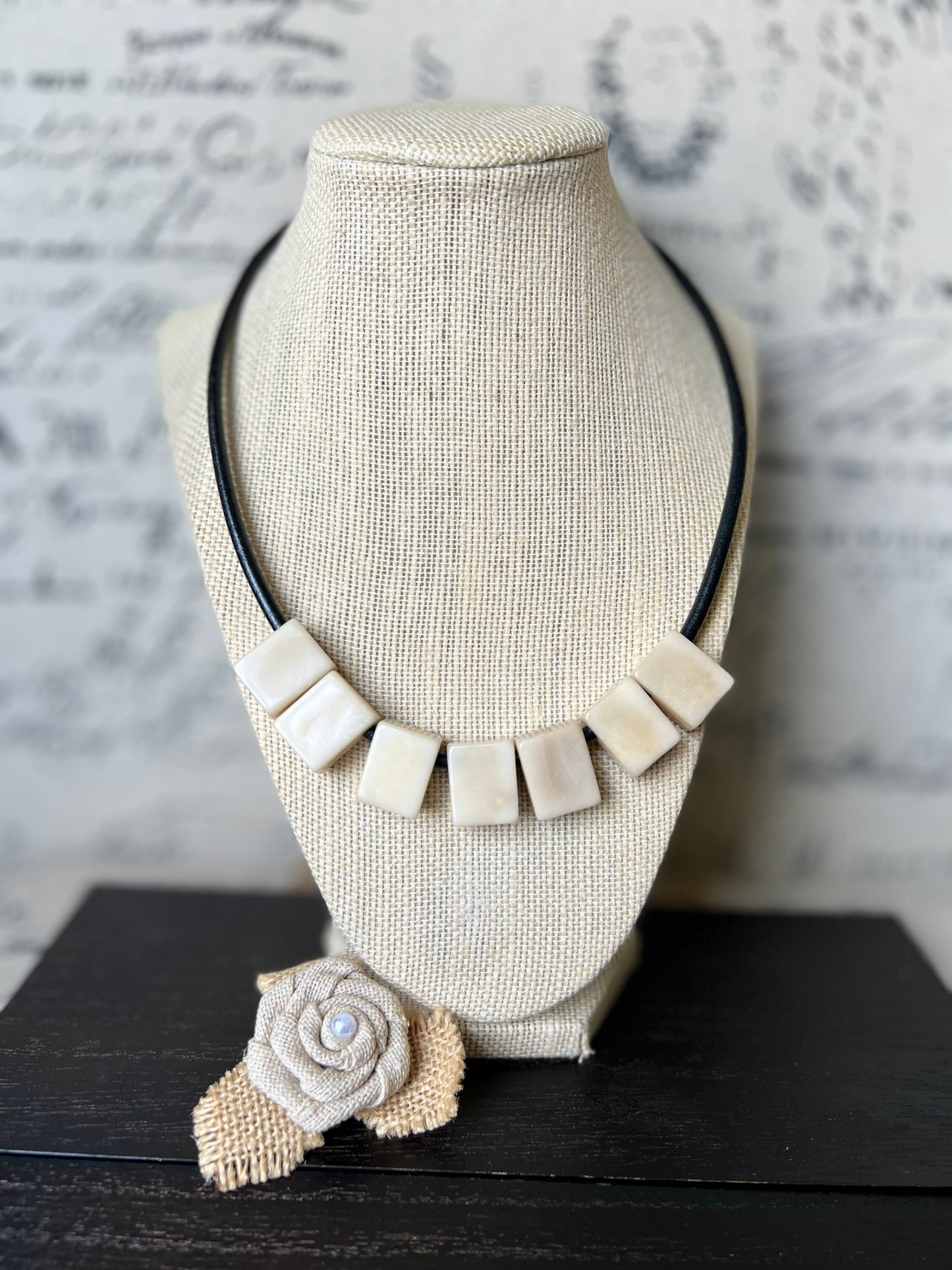 Mother's day gift for wife White necklace Tagua Statement choker Round faux leather cord with magnetic clasp 14 year Anniversary gift