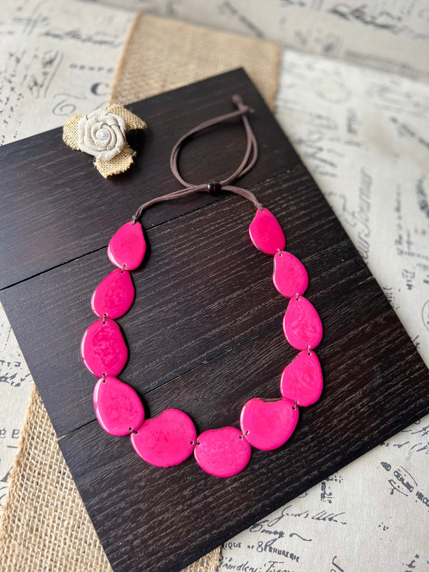 Hot pink single strand big beaded statement necklace Birthday gift for wife Tagua necklace Handmade collar with adjustable leather strap