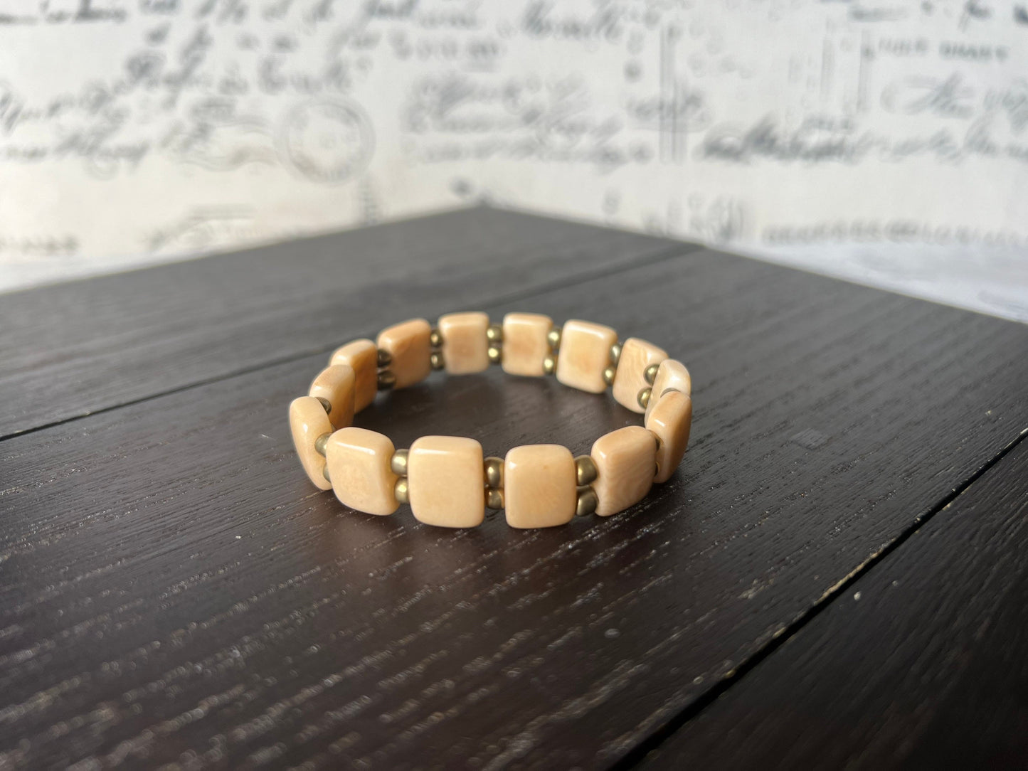 Beige square bracelet Mother's day gifts Statement stretch bangle Tagua jewelry Elastic adjustable bracelet Summer fashion Beach trends