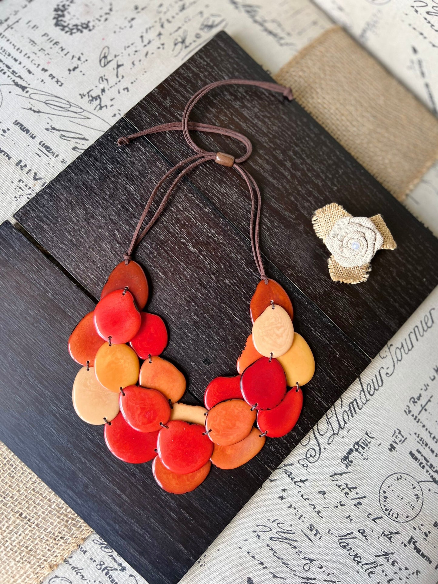 Burnt orange huge beaded necklace Tagua nut jewelry Big bold chunky necklace Triple 3 strands bib collar Adjustable leather straps Organic