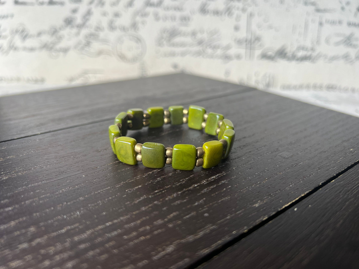 Olive green square bracelet Statement stretch bangle Tagua jewelry Elastic adjustable bracelet Fall fashion Beach trends Christmas stockings