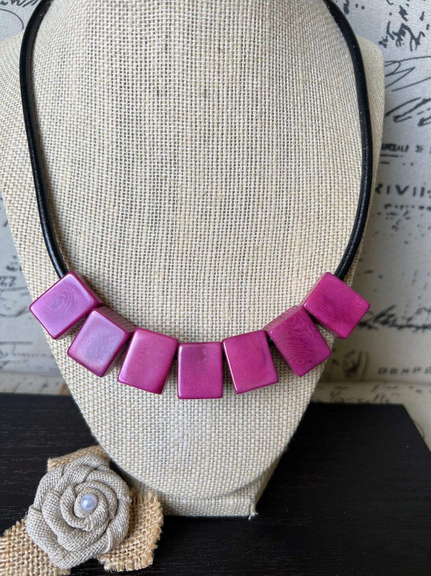 Mothers day gift from daughter Purple magenta necklace Tagua Statement choker Round faux leather cord with magnetic clasp Spring jewelry