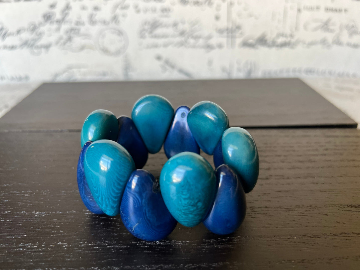 Blue wide cuff bracelet Tagua jewelry Summer style trend Beach fashion trend Big and bold funky boho bracelets Beaded stretch bangle