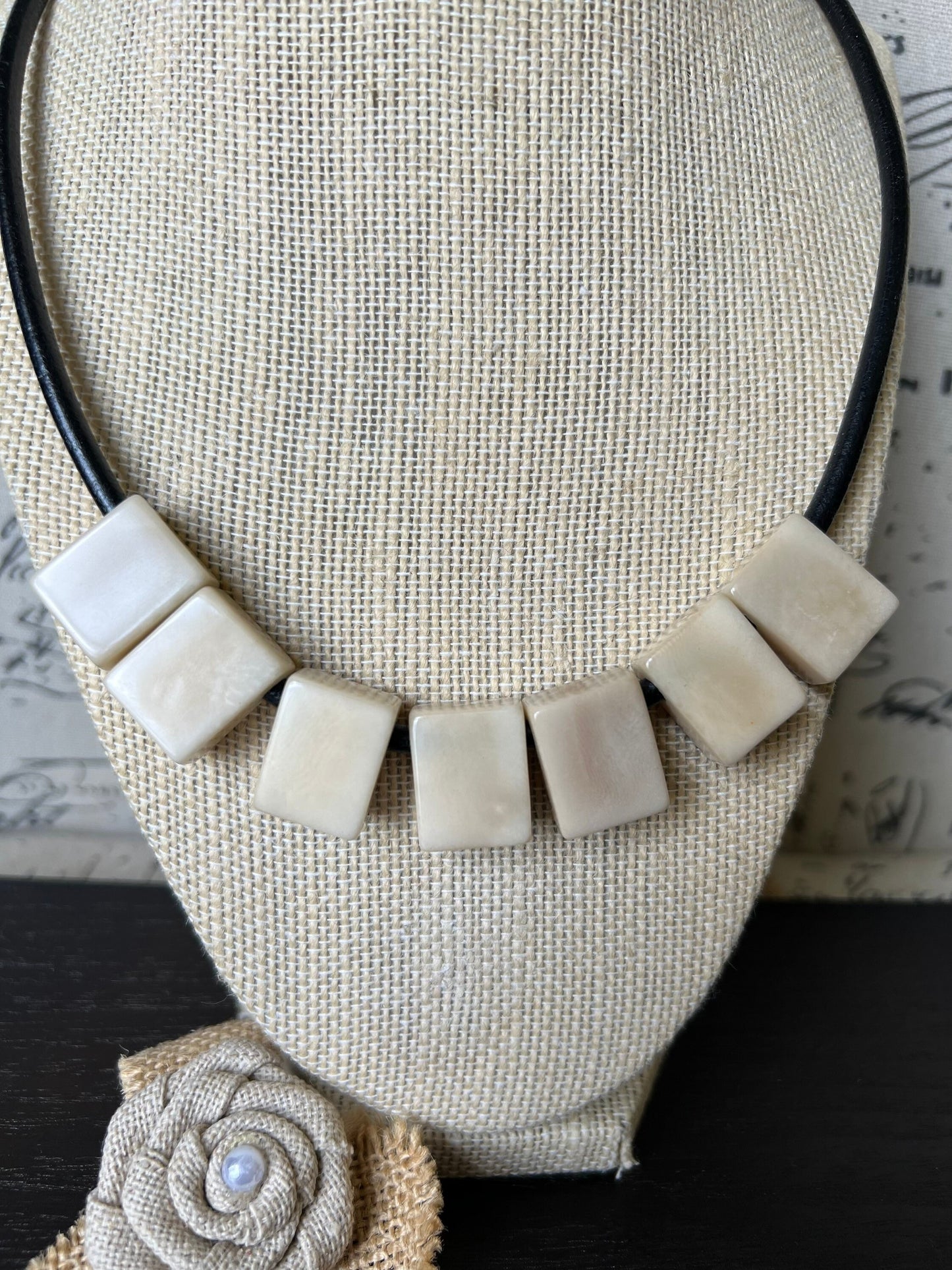 Mother's day gift for wife White necklace Tagua Statement choker Round faux leather cord with magnetic clasp 14 year Anniversary gift