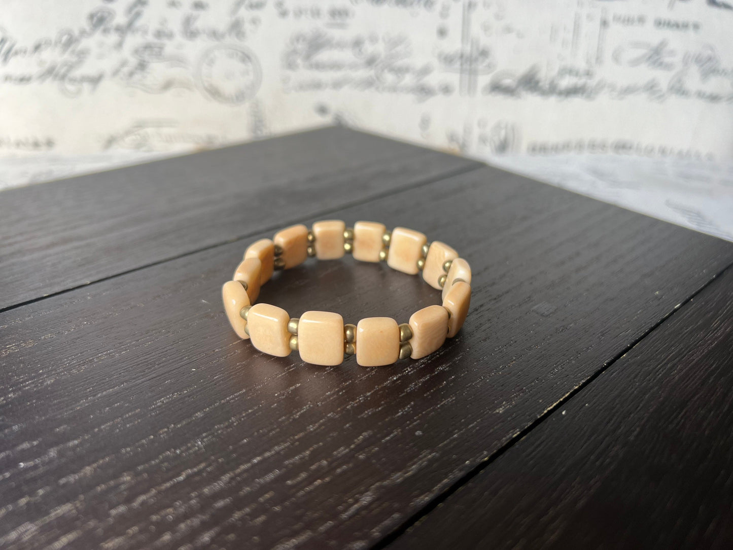 Beige square bracelet Mother's day gifts Statement stretch bangle Tagua jewelry Elastic adjustable bracelet Summer fashion Beach trends