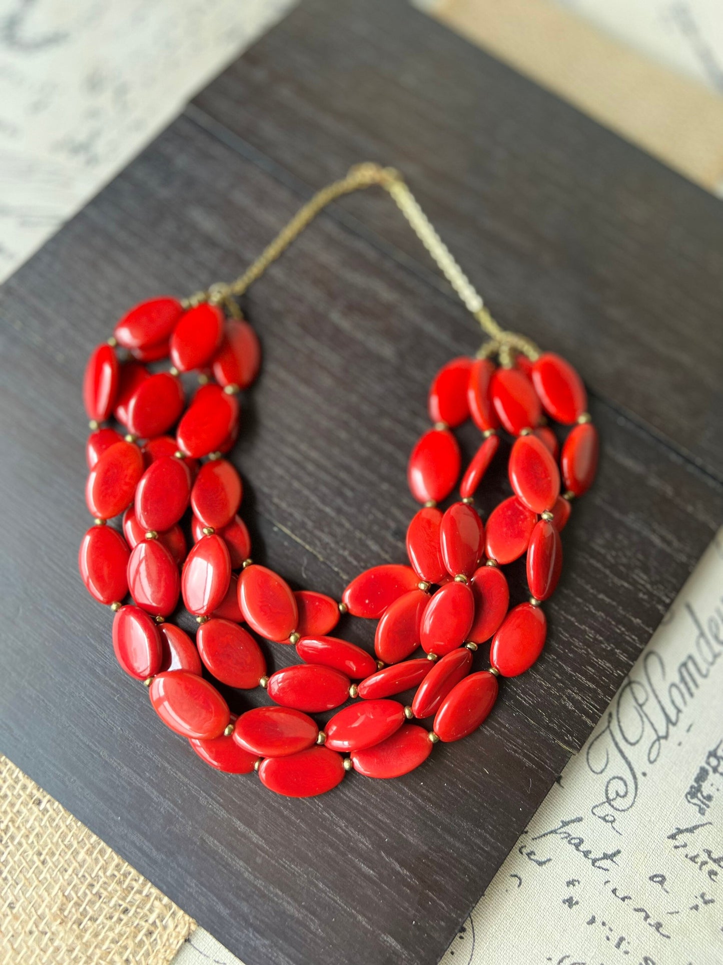 Red fashion multi strand necklace Statement beaded bib necklace for women Tagua nut necklace Lightweight with gold chain Big bold chunky