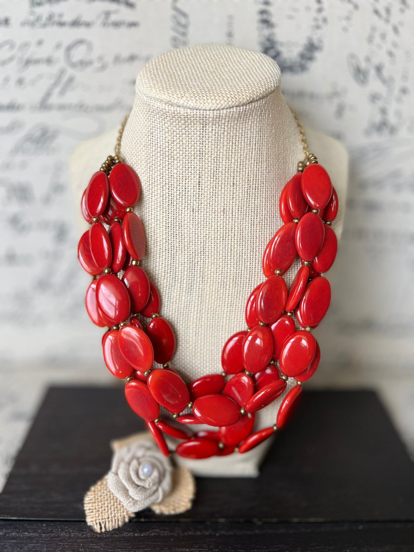 Red fashion multi strand necklace Statement beaded bib necklace for women Tagua nut necklace Lightweight with gold chain Big bold chunky