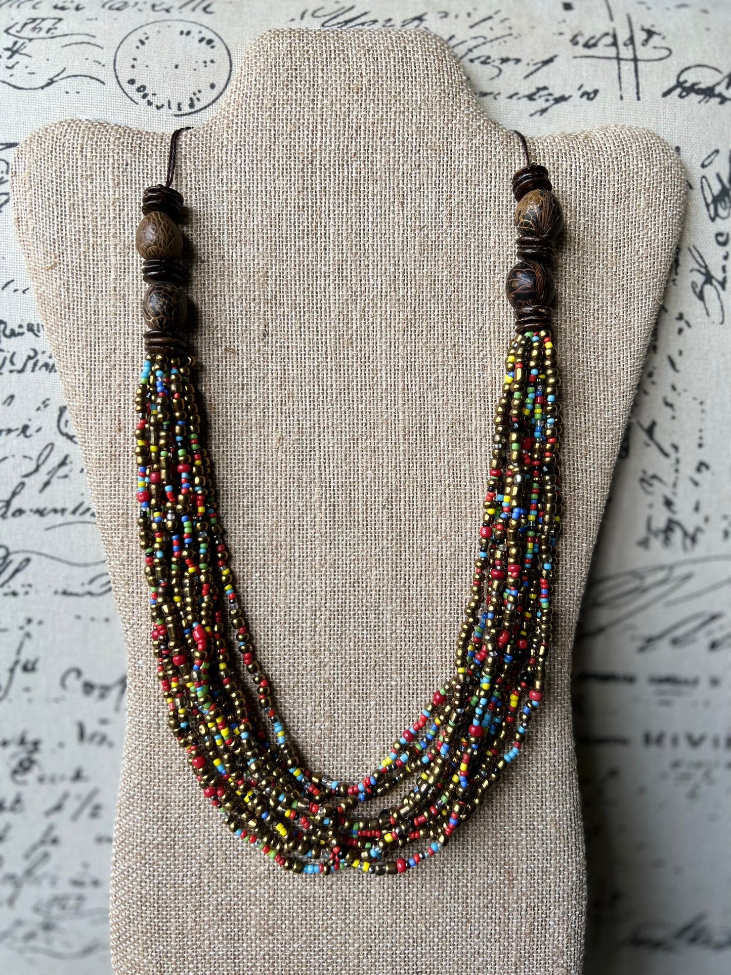 Multi layer seed bead statement necklace with coconut beads Multi color lightweight collar Anniversary gift for wife Fall fashion trends