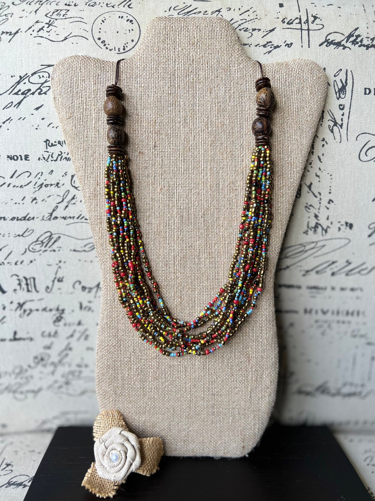 Multi layer seed bead statement necklace with coconut beads Multi color lightweight collar Anniversary gift for wife Fall fashion trends