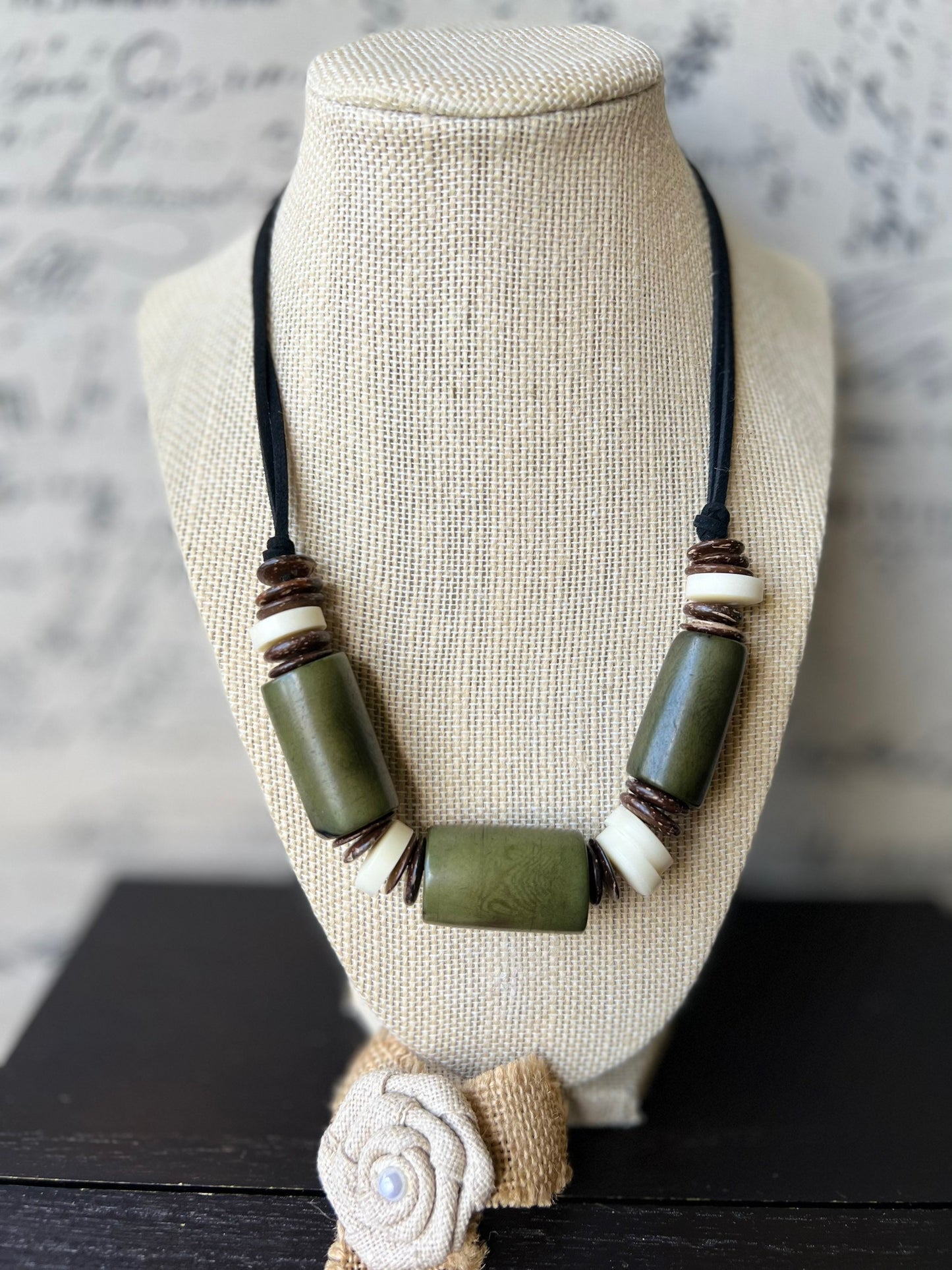 Olive green tagua necklace with coconut beads Lightweight and adjustable Multi color bib collar Xmas gift ideas Fall fashion style