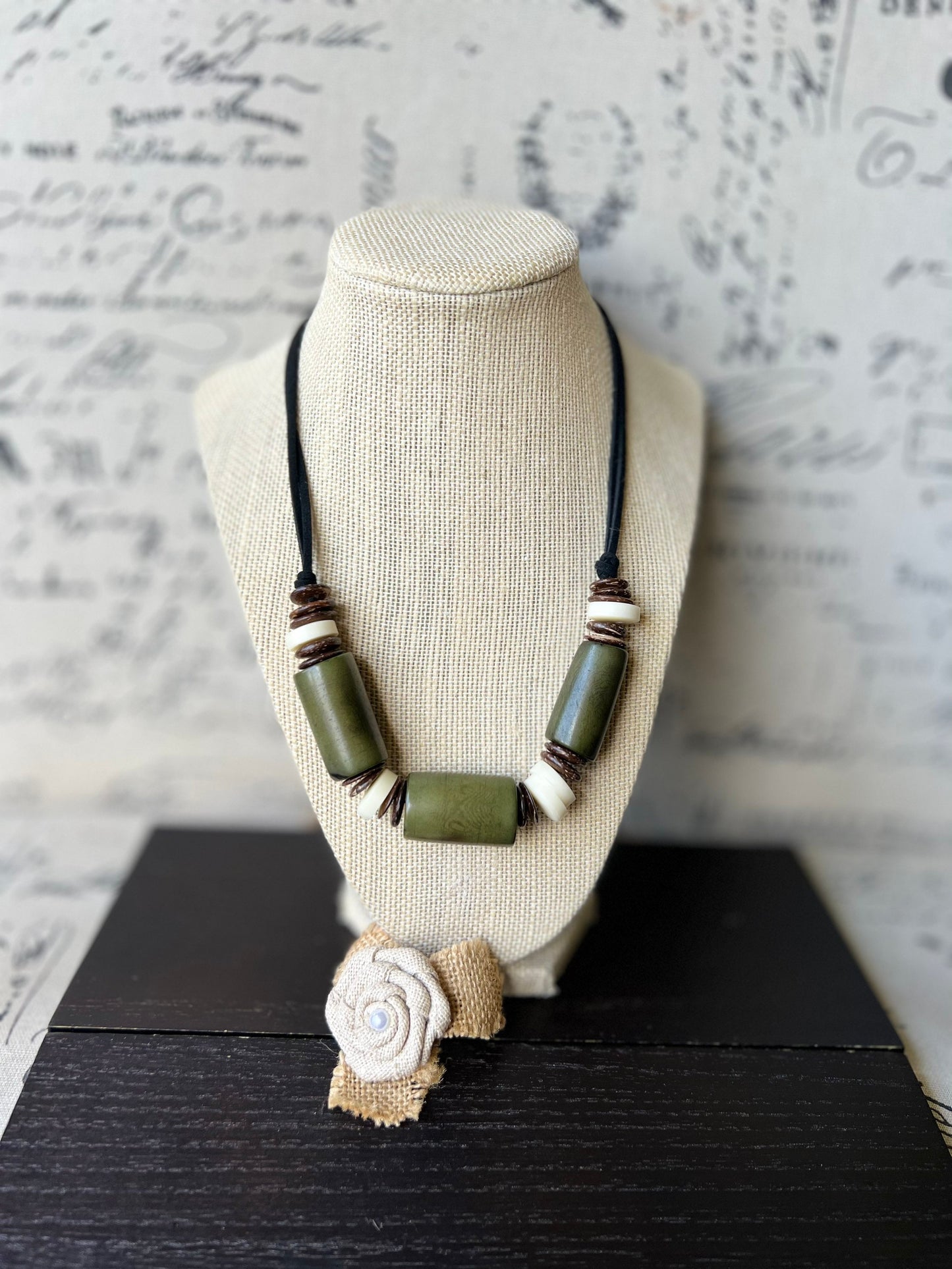 Olive green tagua necklace with coconut beads Lightweight and adjustable Multi color bib collar Xmas gift ideas Fall fashion style