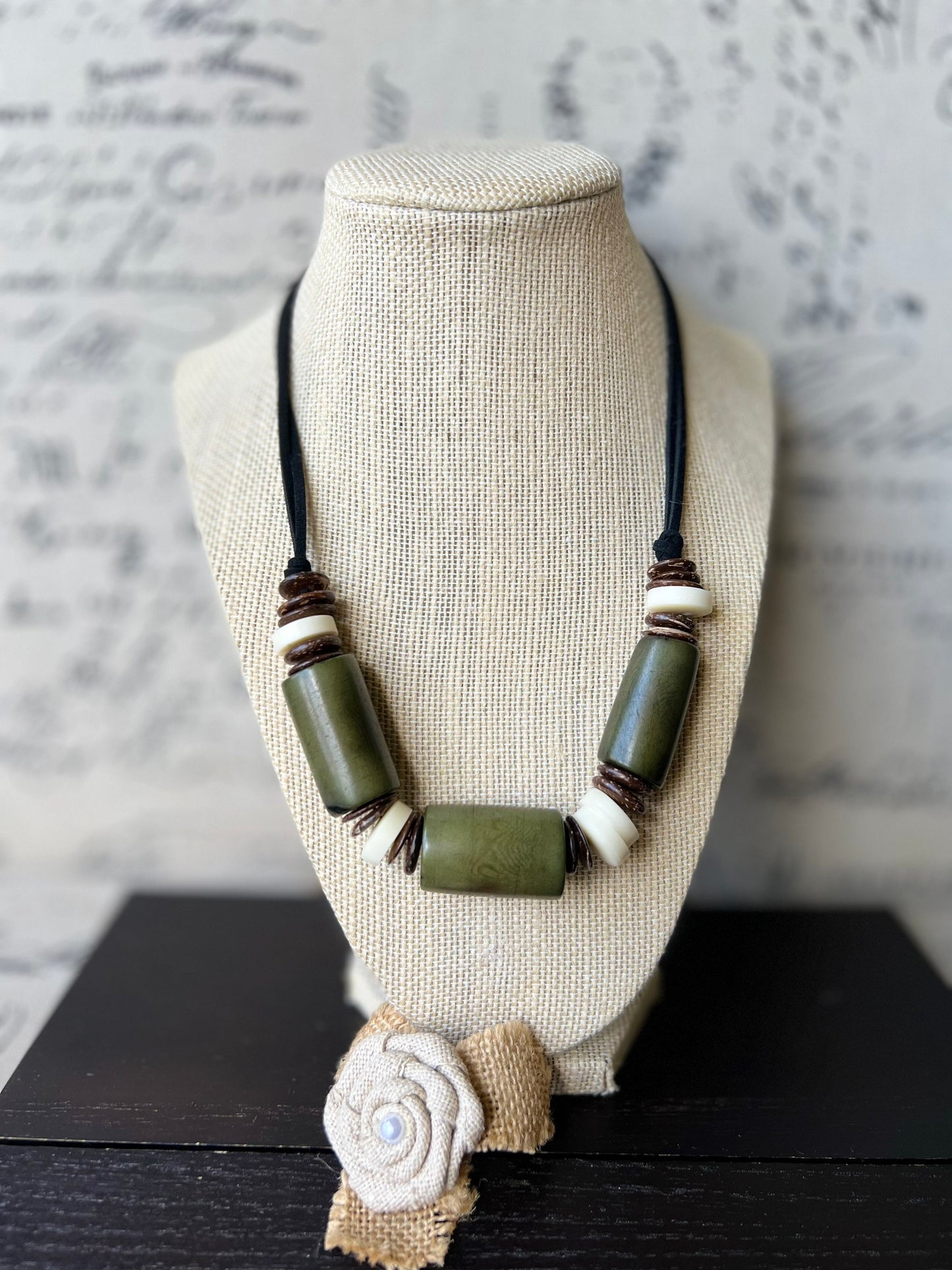 Olive green tagua necklace with coconut beads Lightweight and adjustable Multi color bib collar Xmas gift ideas Fall fashion style