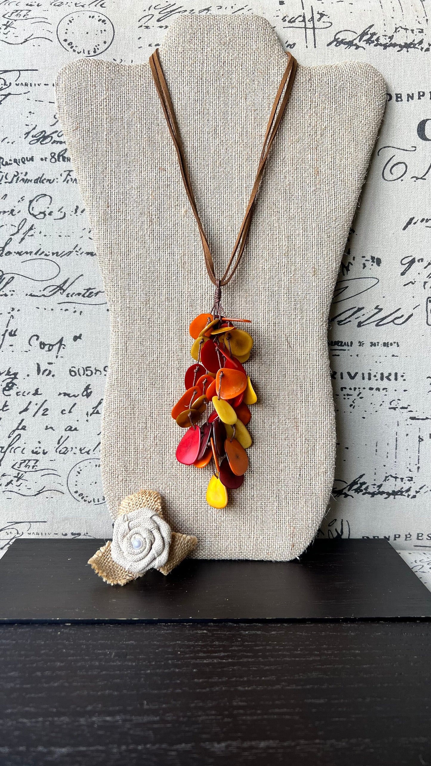 Red orange and yellow statement necklace Boho jewelry Tagua jewelry Extra long lightweight pendant Fall fashion trend Anniversary gift