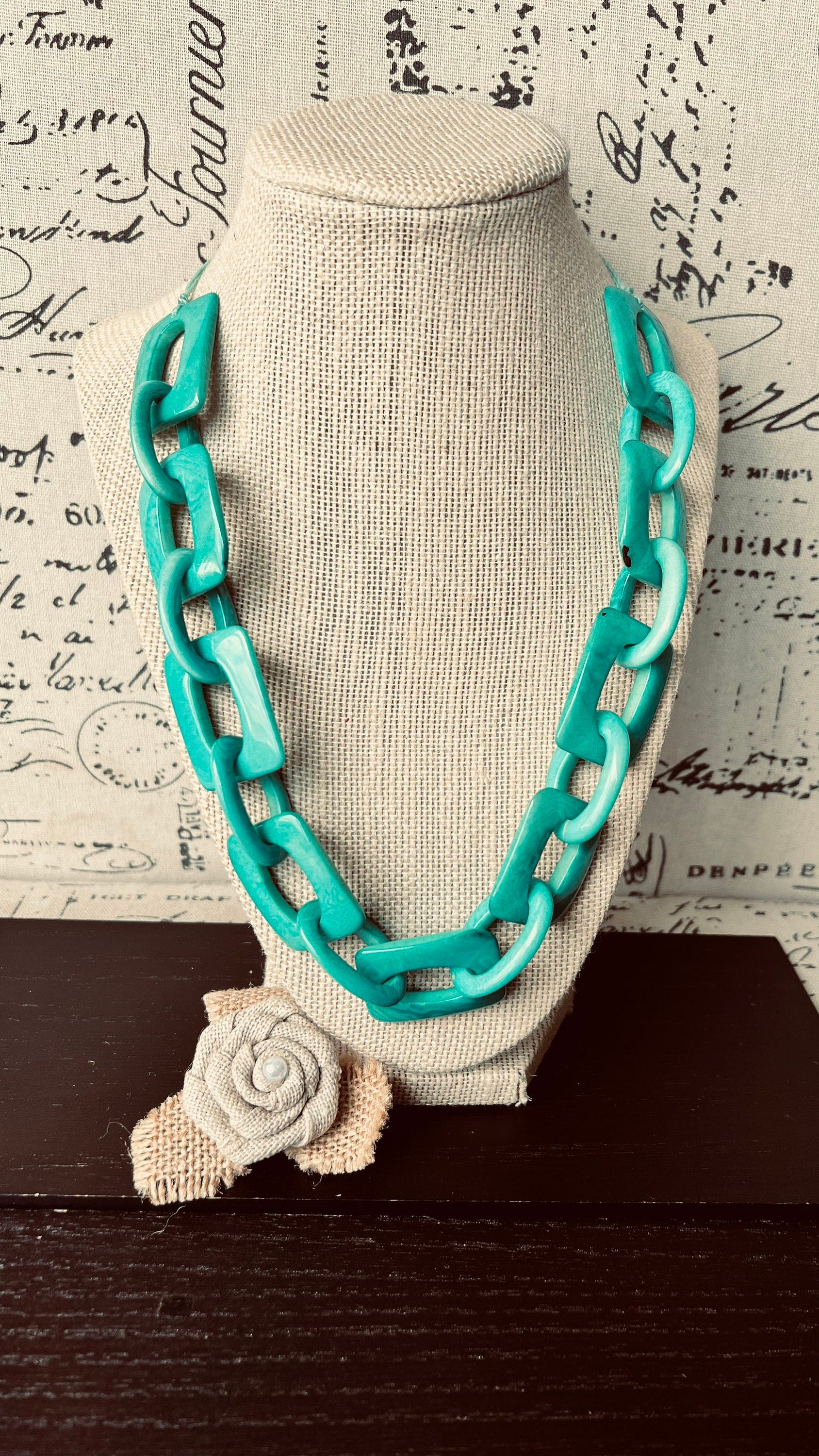 Turquoise green chunky chain link necklace Tagua jewelry Oversized bead Geometric statement bib necklace Beach fashion Summer trendy style