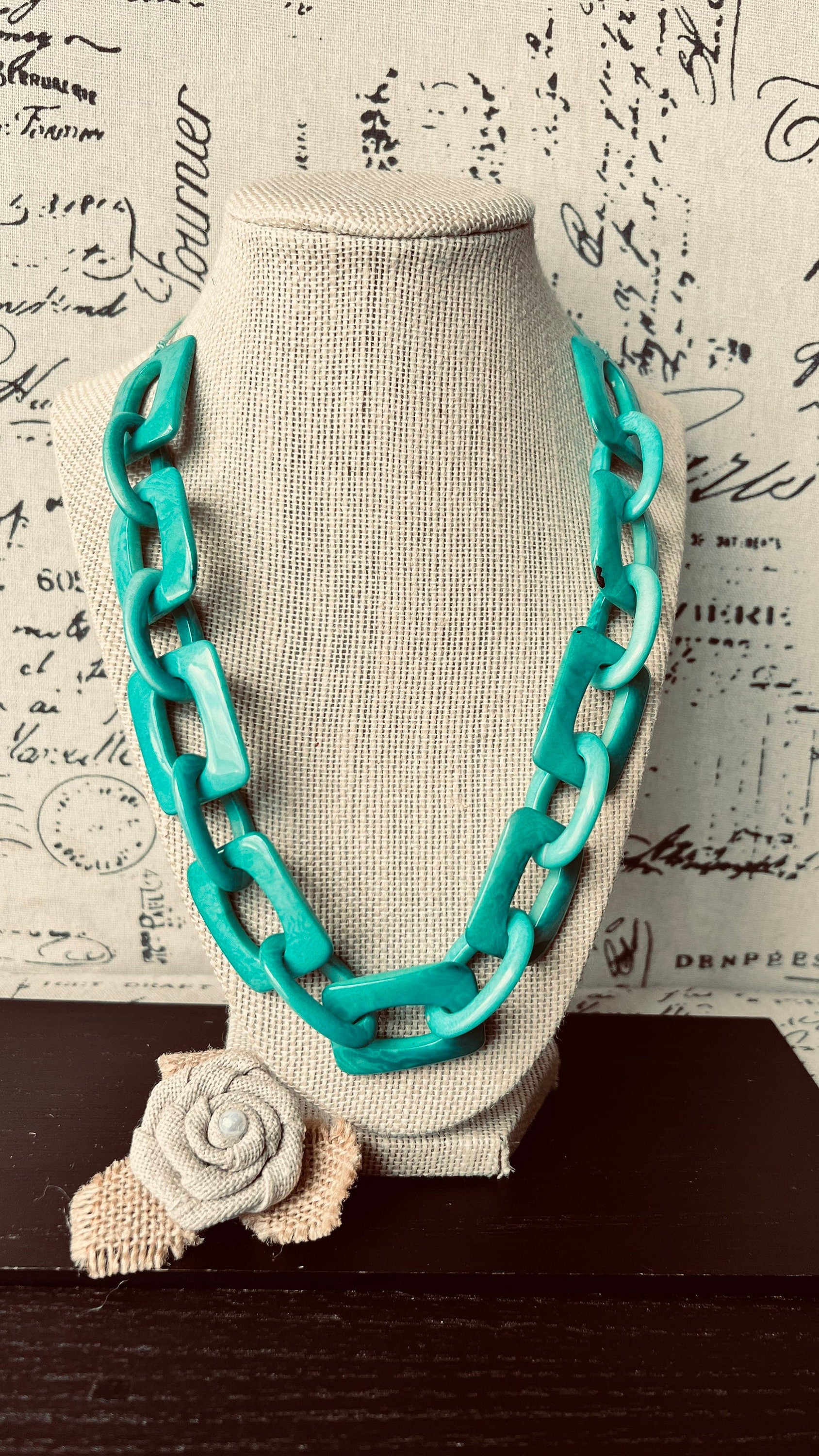 Turquoise green chunky chain link necklace Tagua jewelry Oversized bead Geometric statement bib necklace Beach fashion Summer trendy style