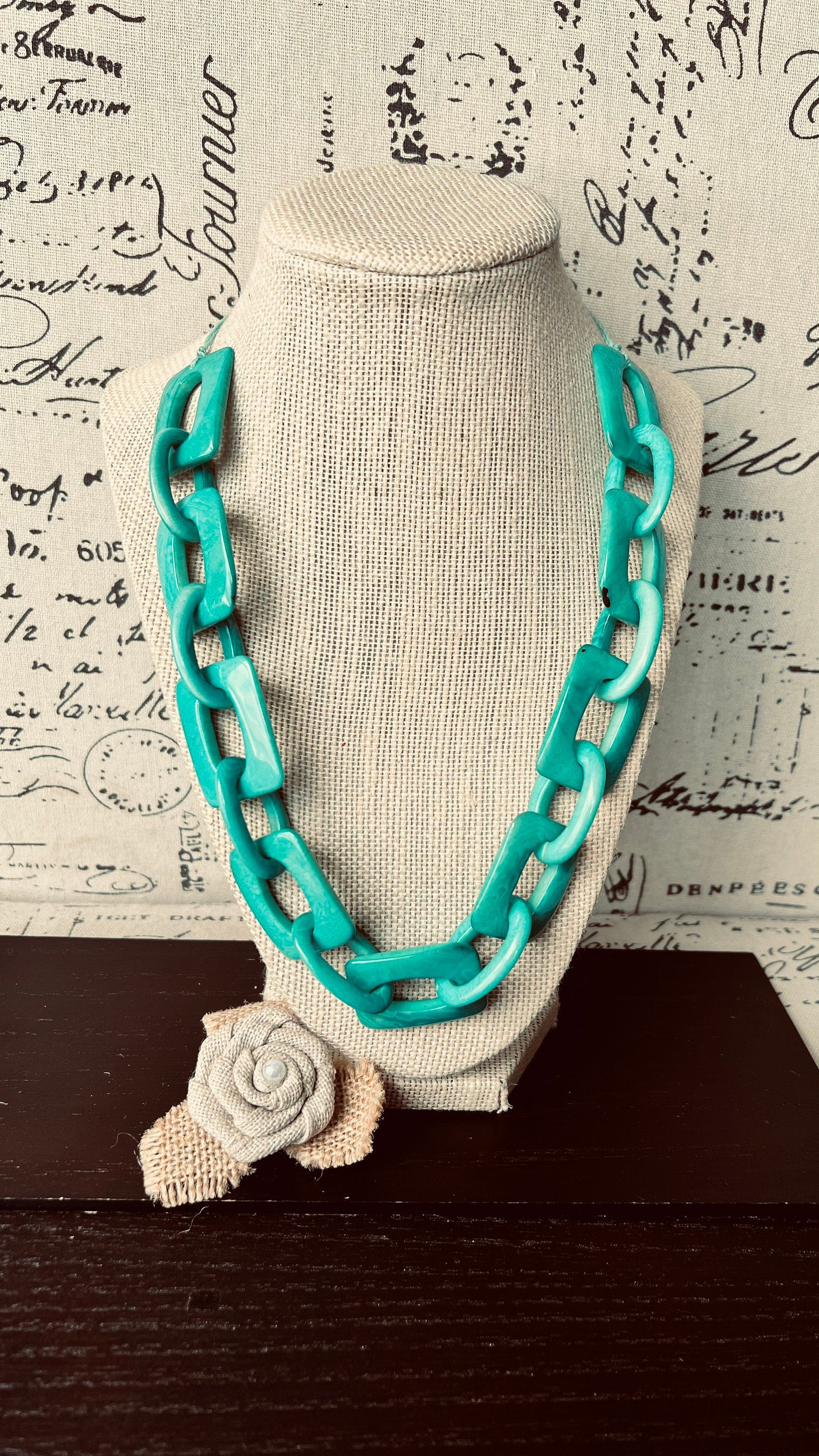 Turquoise green chunky chain link necklace Tagua jewelry Oversized bead Geometric statement bib necklace Beach fashion Summer trendy style