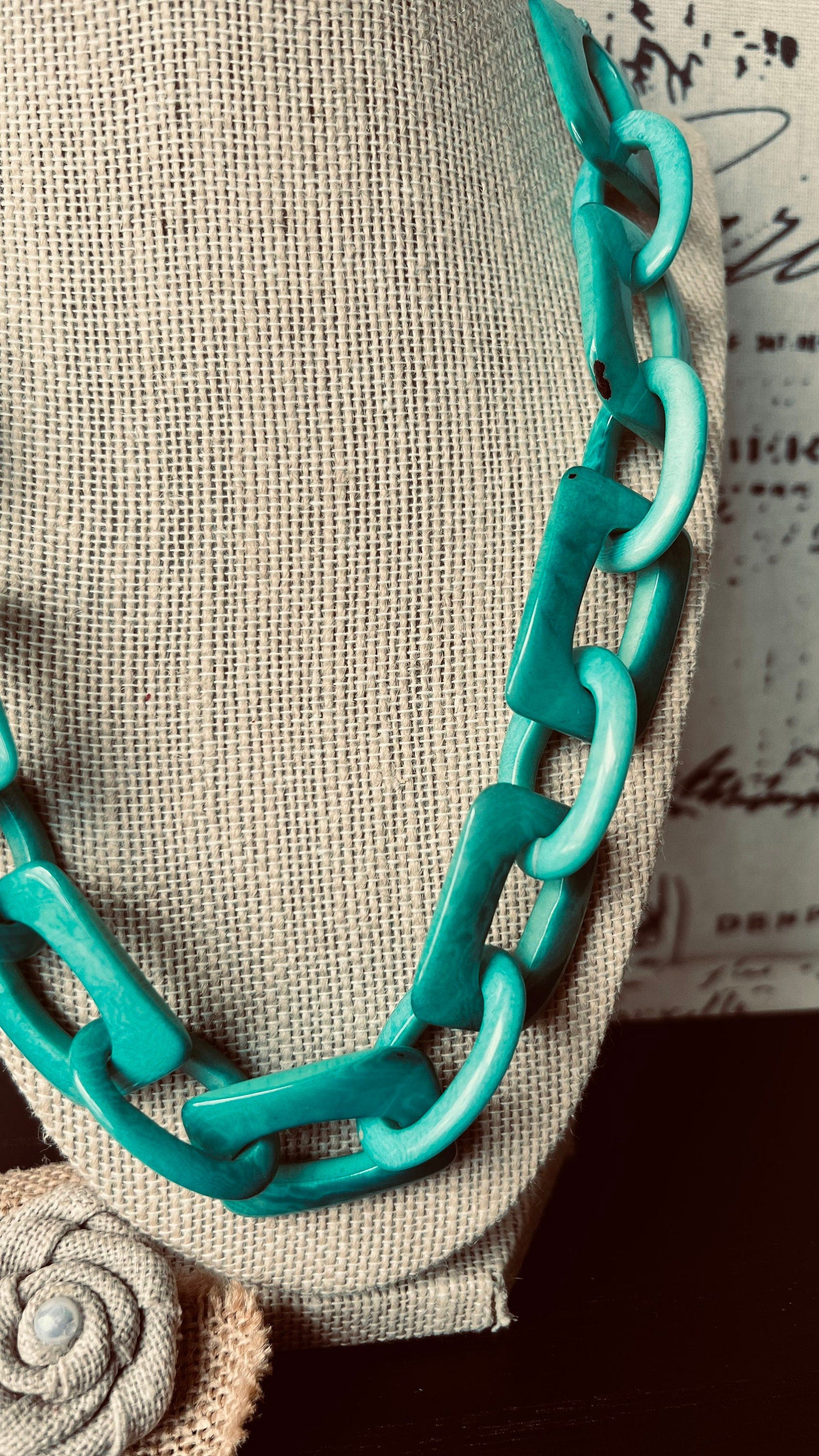 Turquoise green chunky chain link necklace Tagua jewelry Oversized bead Geometric statement bib necklace Beach fashion Summer trendy style