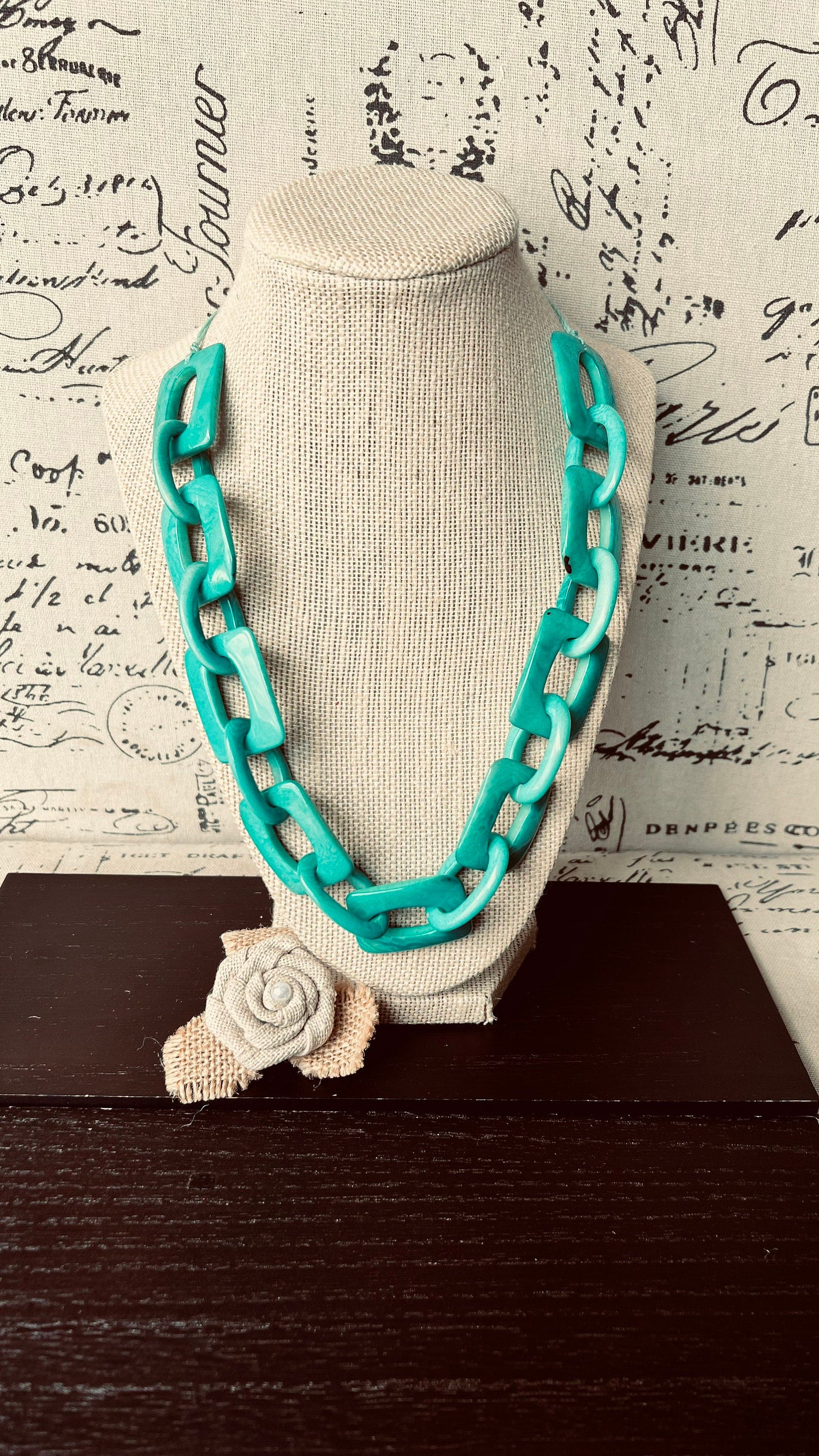 Turquoise green chunky chain link necklace Tagua jewelry Oversized bead Geometric statement bib necklace Beach fashion Summer trendy style