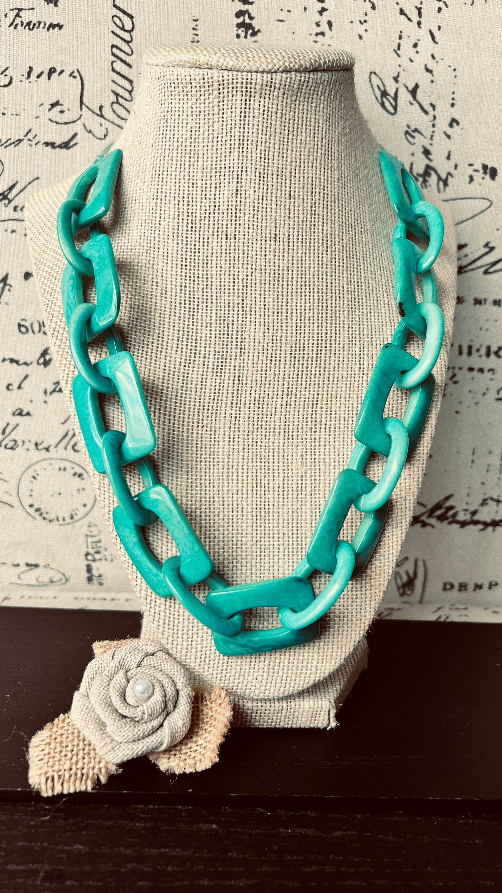 Turquoise green chunky chain link necklace Tagua jewelry Oversized bead Geometric statement bib necklace Beach fashion Summer trendy style