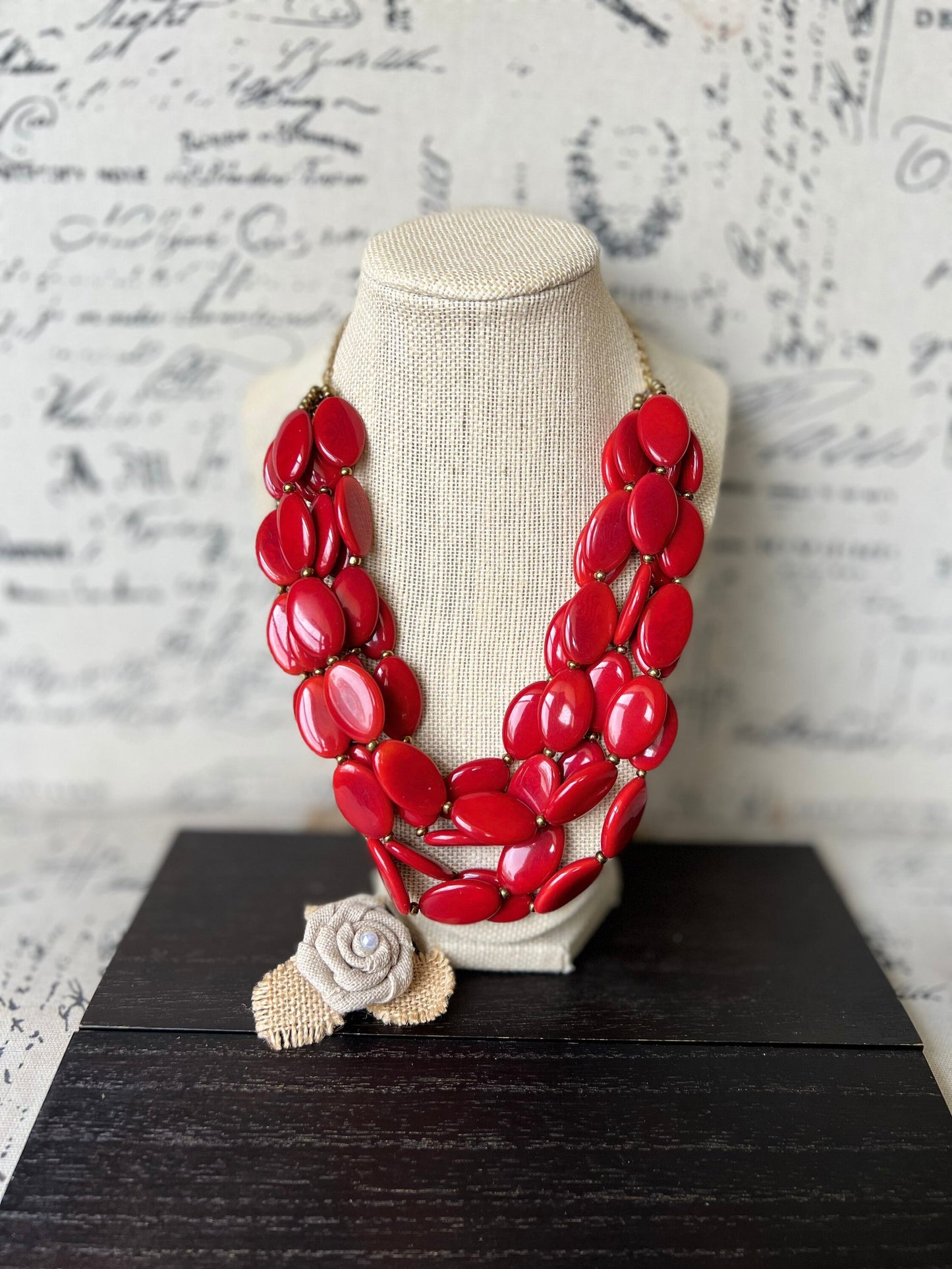 Red fashion multi strand necklace Statement beaded bib necklace for women Tagua nut necklace Lightweight with gold chain Big bold chunky