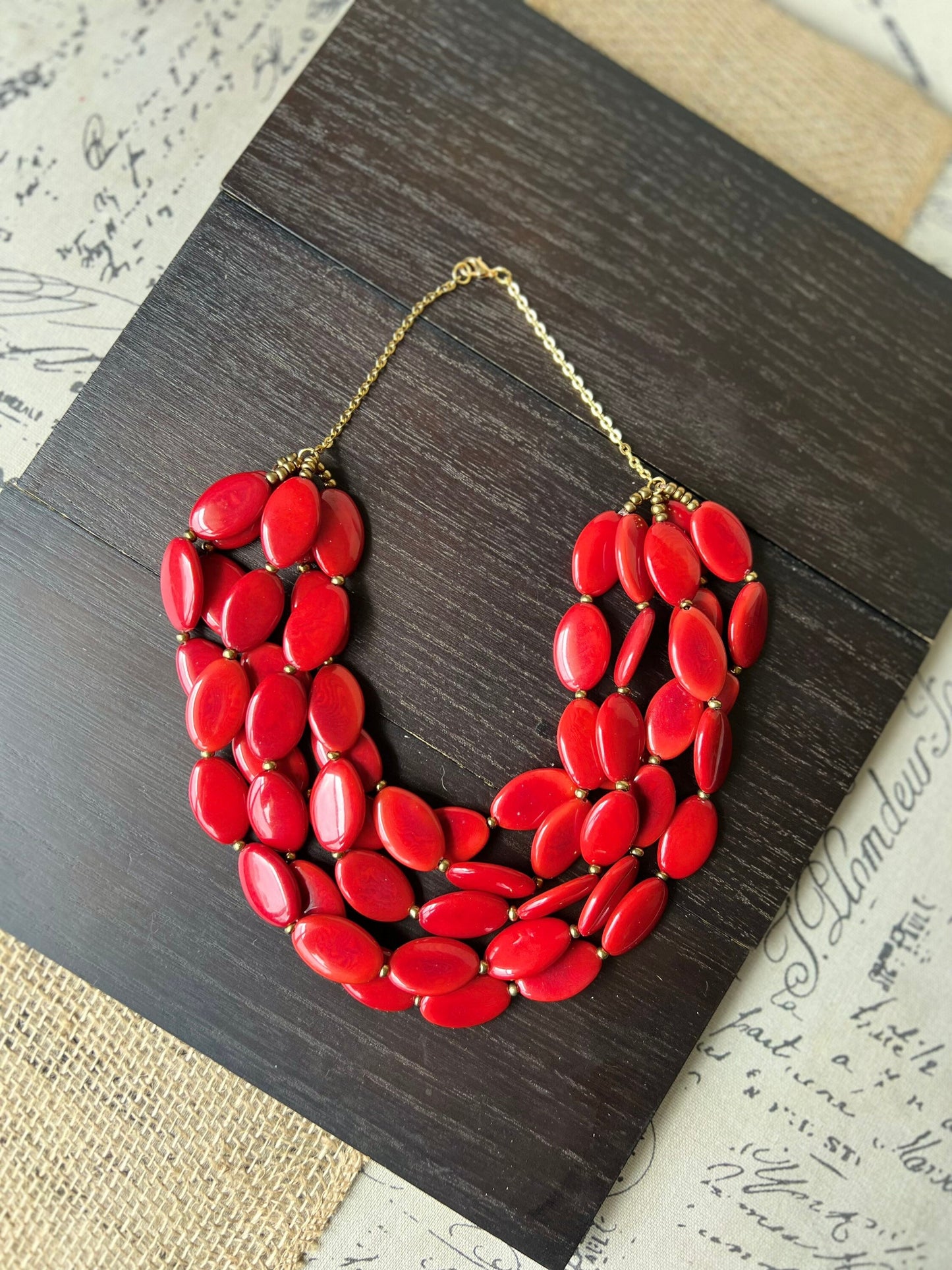 Red fashion multi strand necklace Statement beaded bib necklace for women Tagua nut necklace Lightweight with gold chain Big bold chunky