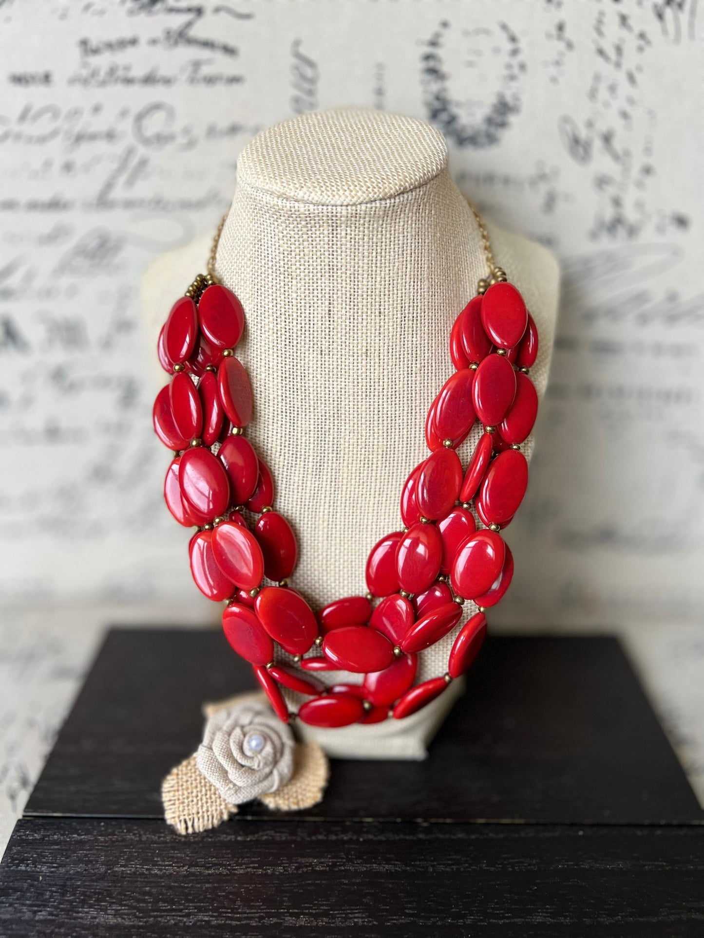 Red fashion multi strand necklace Statement beaded bib necklace for women Tagua nut necklace Lightweight with gold chain Big bold chunky