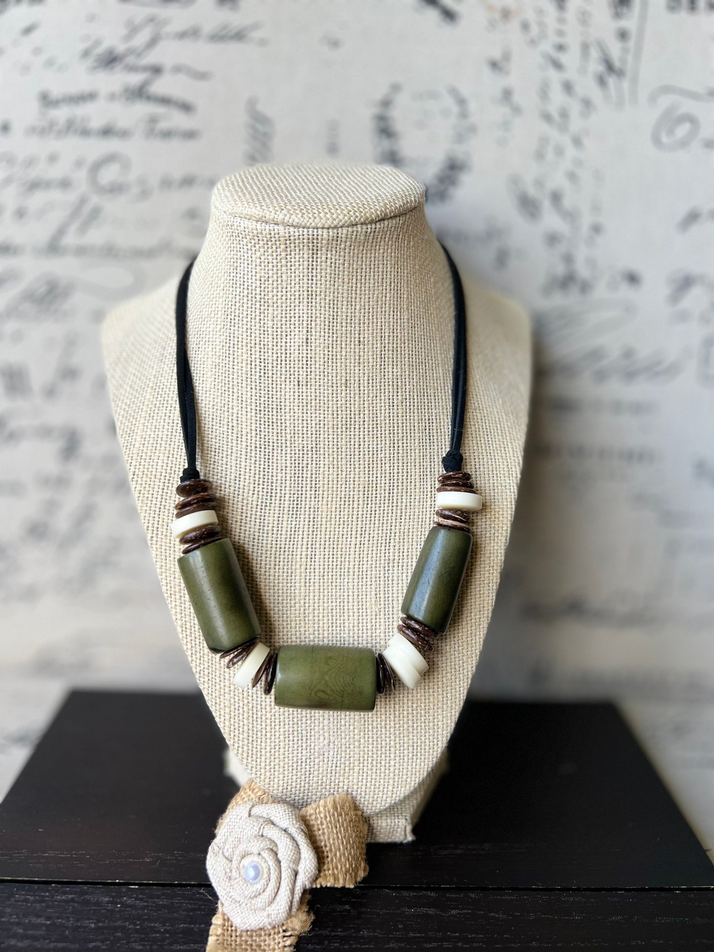 Olive green tagua necklace with coconut beads Lightweight and adjustable Multi color bib collar Xmas gift ideas Fall fashion style