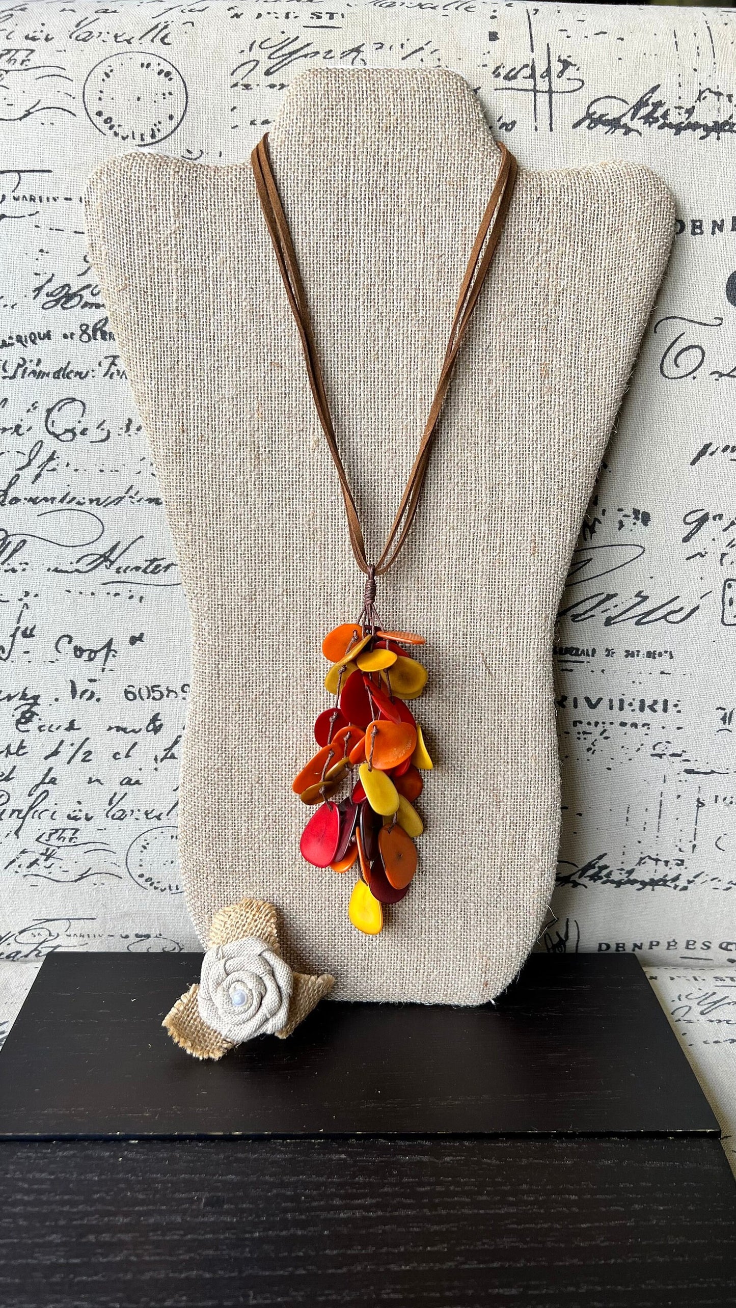 Red orange and yellow statement necklace Boho jewelry Tagua jewelry Extra long lightweight pendant Fall fashion trend Anniversary gift