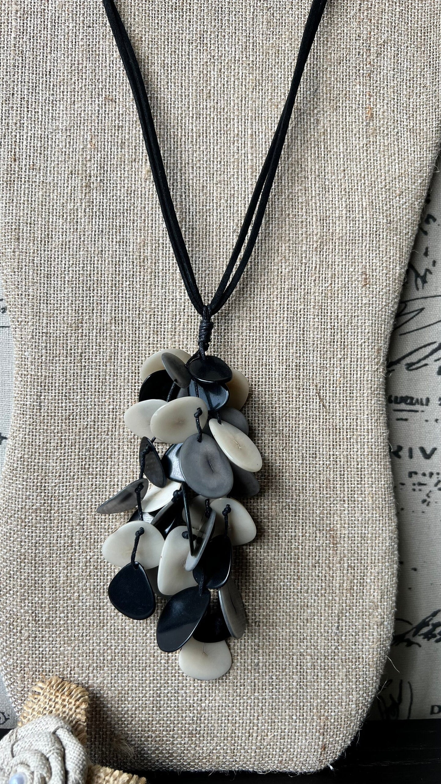 Black white and gray statement necklace Boho jewelry Tagua jewelry Extra long lightweight pendant Fall fashion trend Anniversary gift