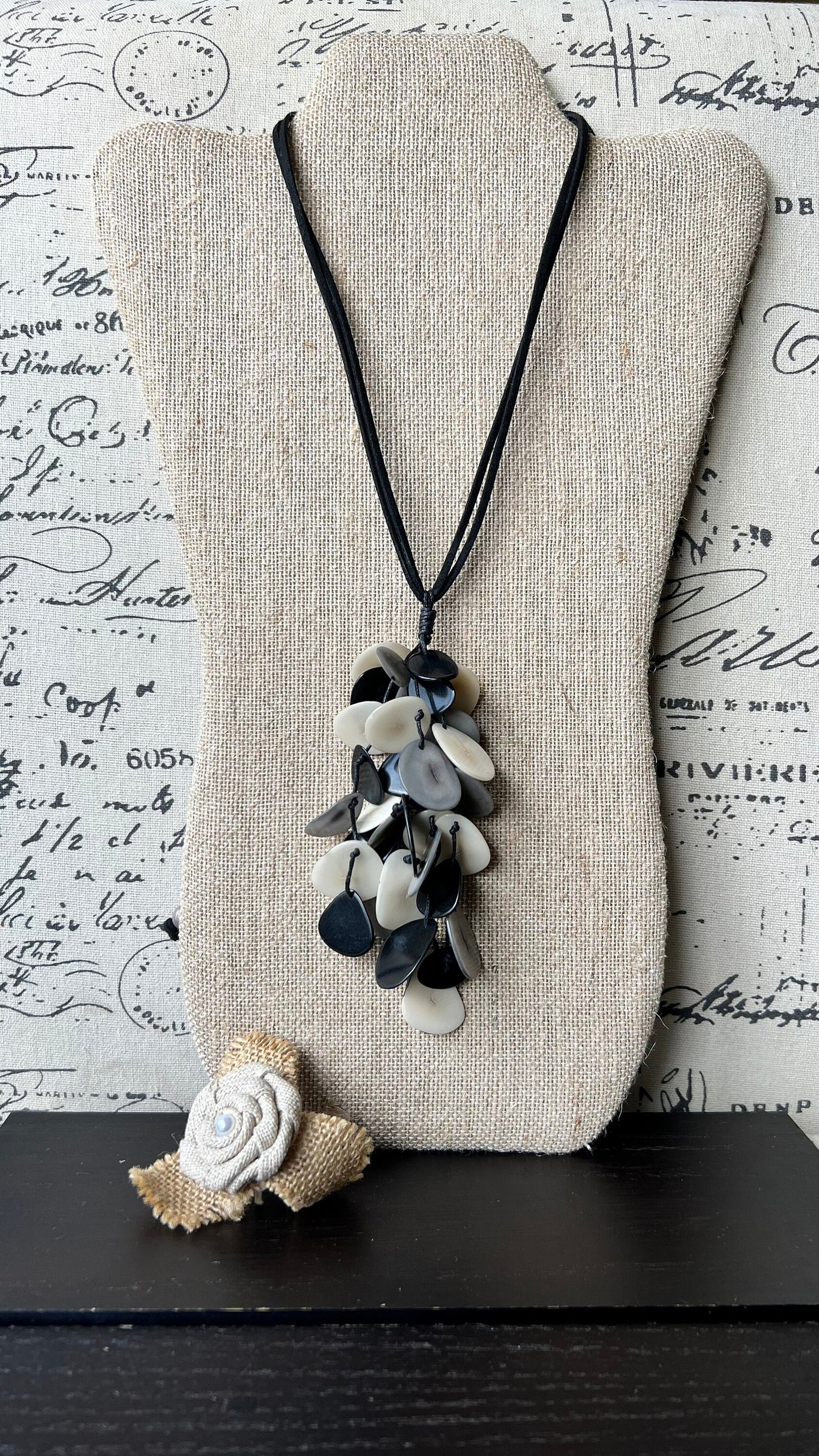Black white and gray statement necklace Boho jewelry Tagua jewelry Extra long lightweight pendant Fall fashion trend Anniversary gift