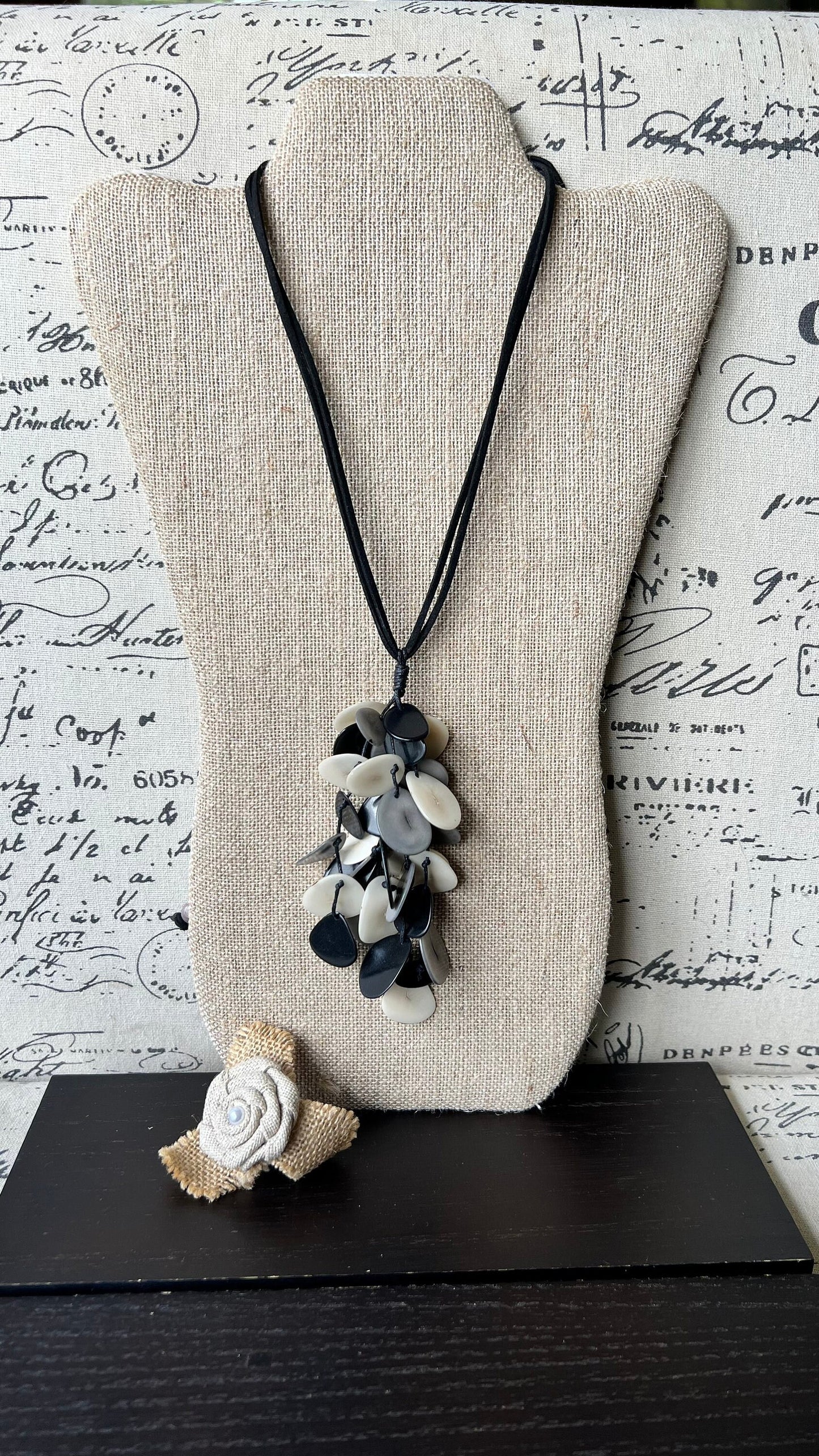 Black white and gray statement necklace Boho jewelry Tagua jewelry Extra long lightweight pendant Fall fashion trend Anniversary gift