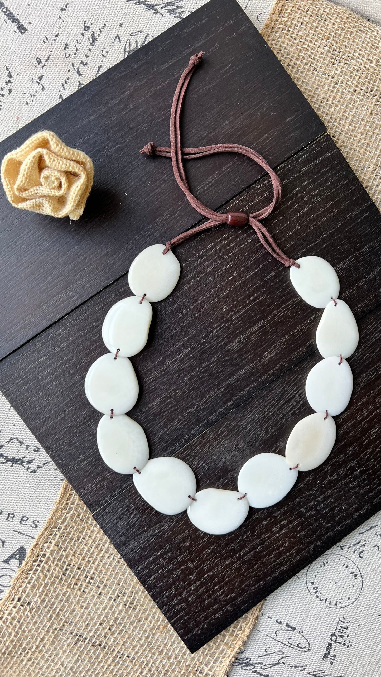 White single strand statement necklace Tagua necklace 14 year Anniversary gift for wife Handmade Adjustable leather strap Simple unusual