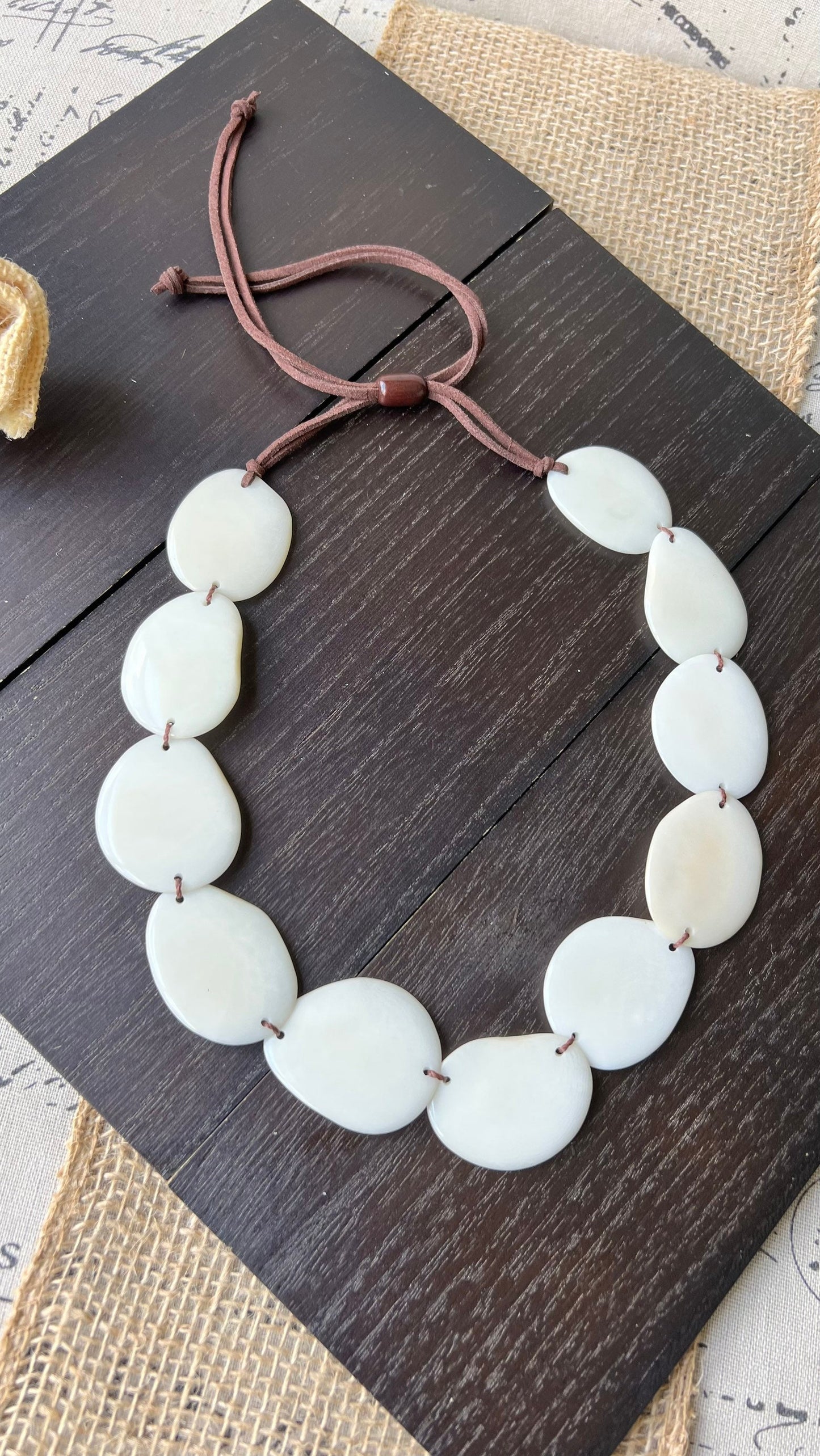 White single strand statement necklace Tagua necklace 14 year Anniversary gift for wife Handmade Adjustable leather strap Simple unusual